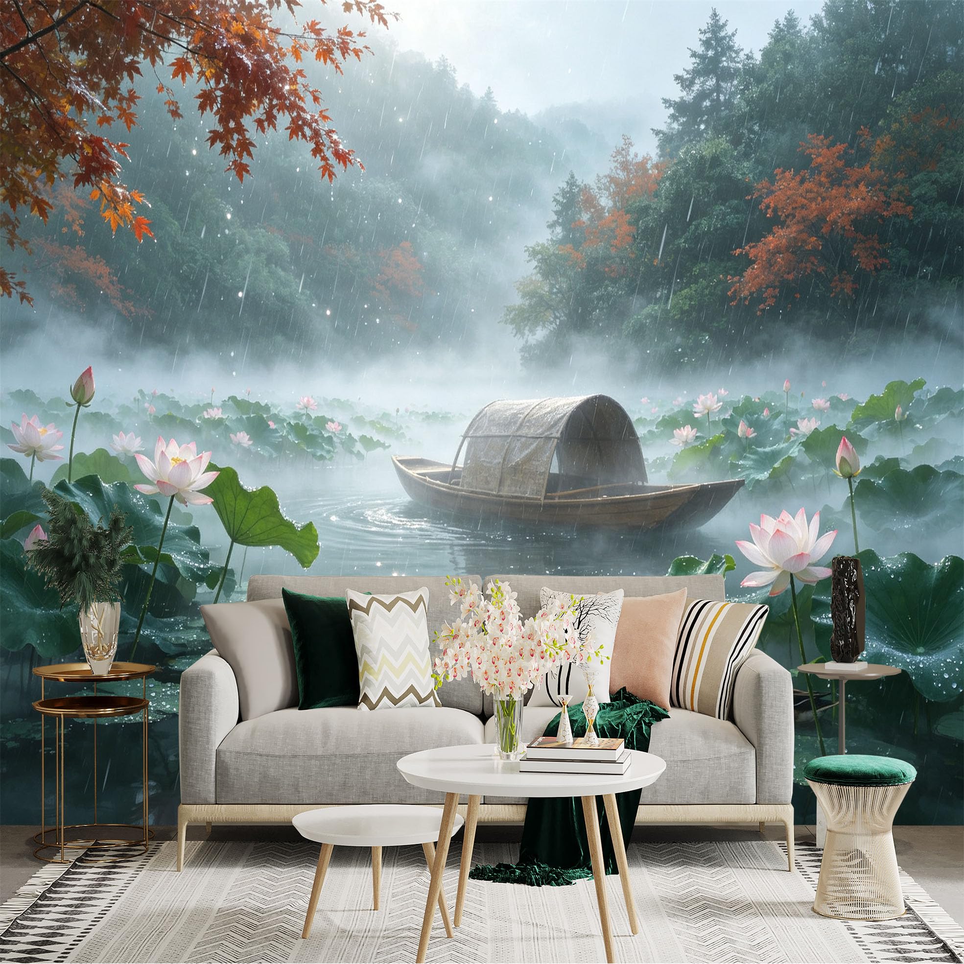 Custom Size Wall Sticker Mural， Rainy Misty Pond， Lotus Flowers and Leaves， Small Wooden Boat， Swimming Ducks， for wall Decoration， peelandstick wall Decals.
