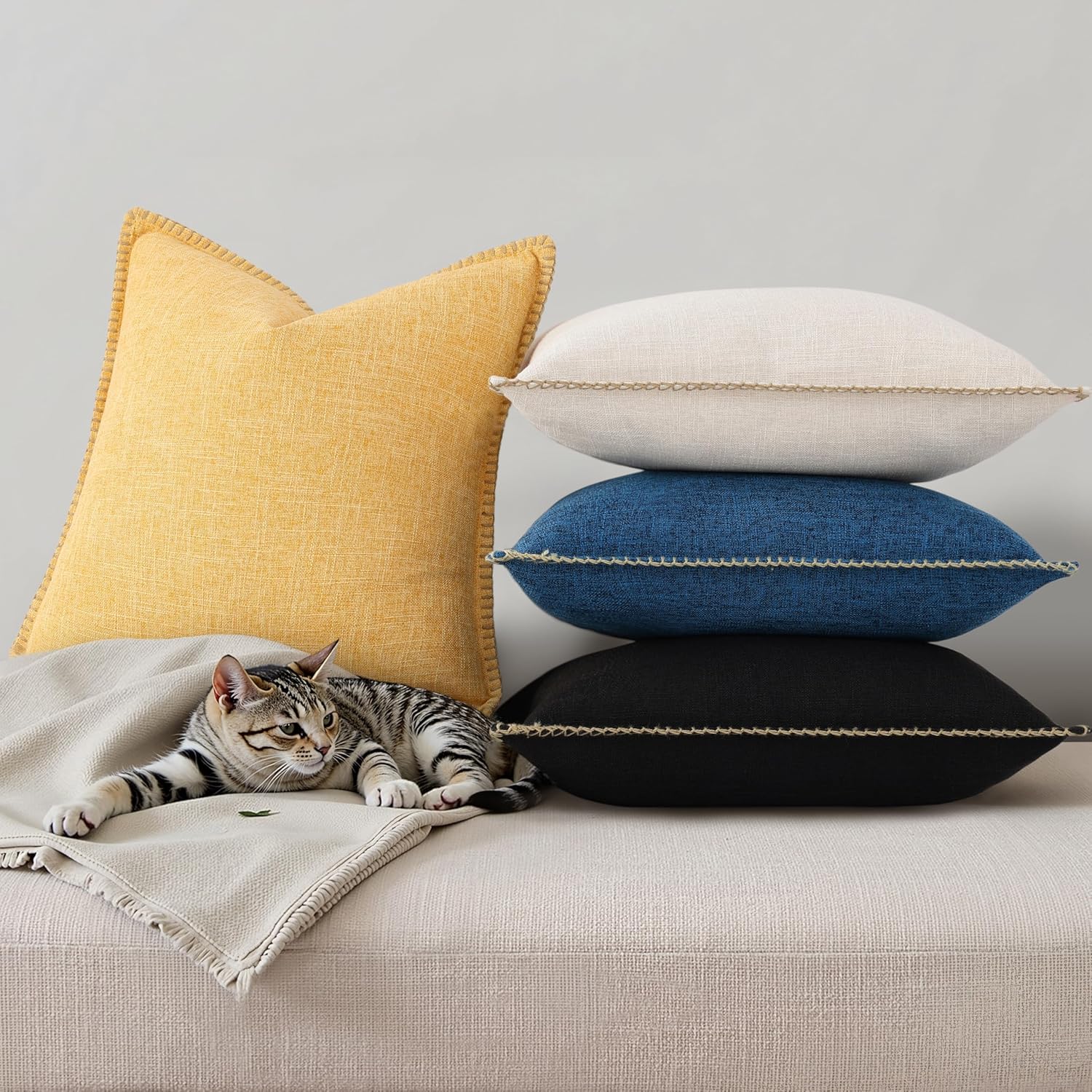 decorUhome Spring Decorative Throw Pillow Covers 18x18 Set of 2 Square Linen Outdoor Neutral Farmhouse Pillow Covers with Stitched Edge for Couch Sofa Living Room, Black - Image 8