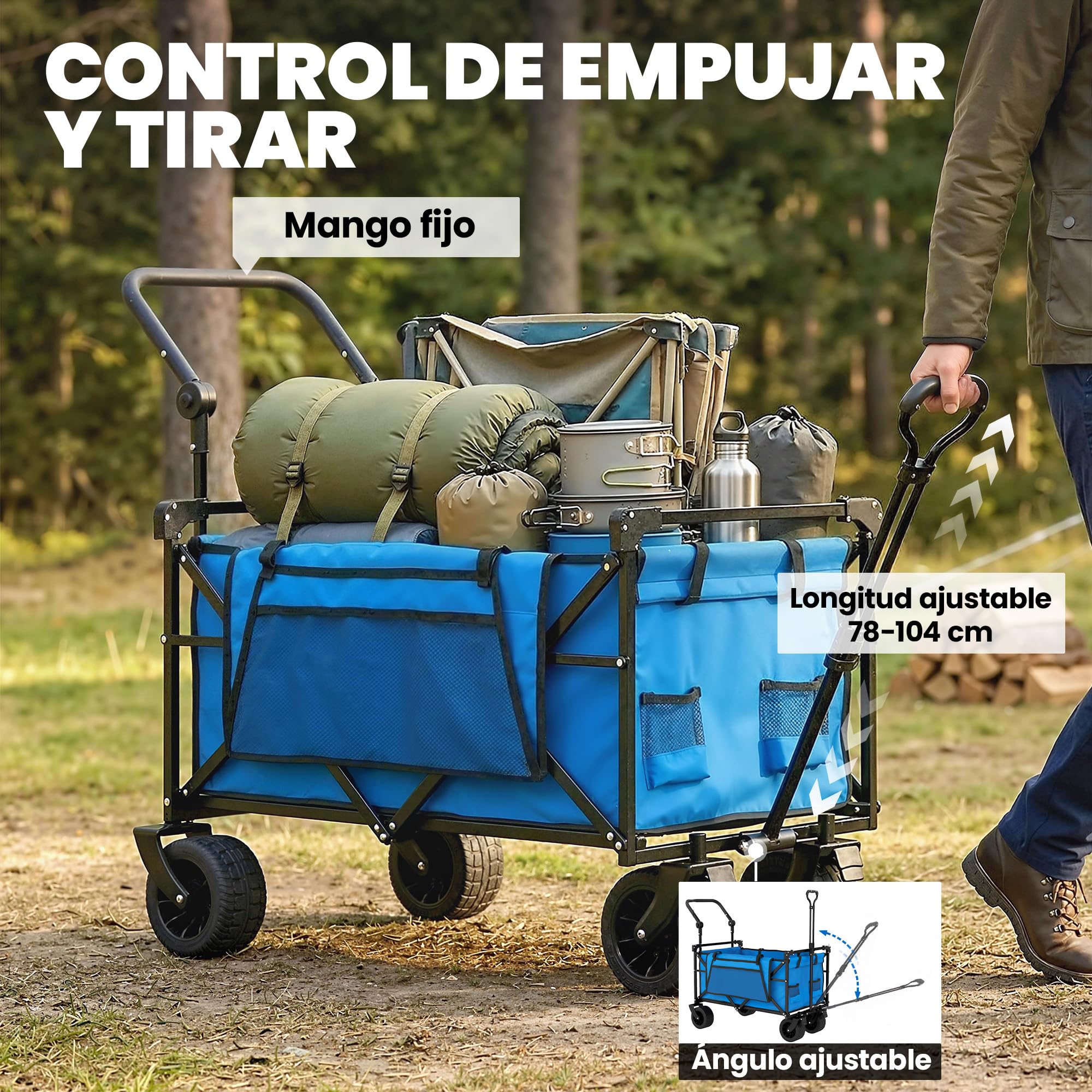 Outsunny Carro Playa con Ruedas Grandes con Freno, Techo Extraíble, Carro Plegable para Jardín con Barra Ajustable, Portavasos y Bolsillos, Carga 100 kg, para Todo Terreno, Campaña, Compras, Azul