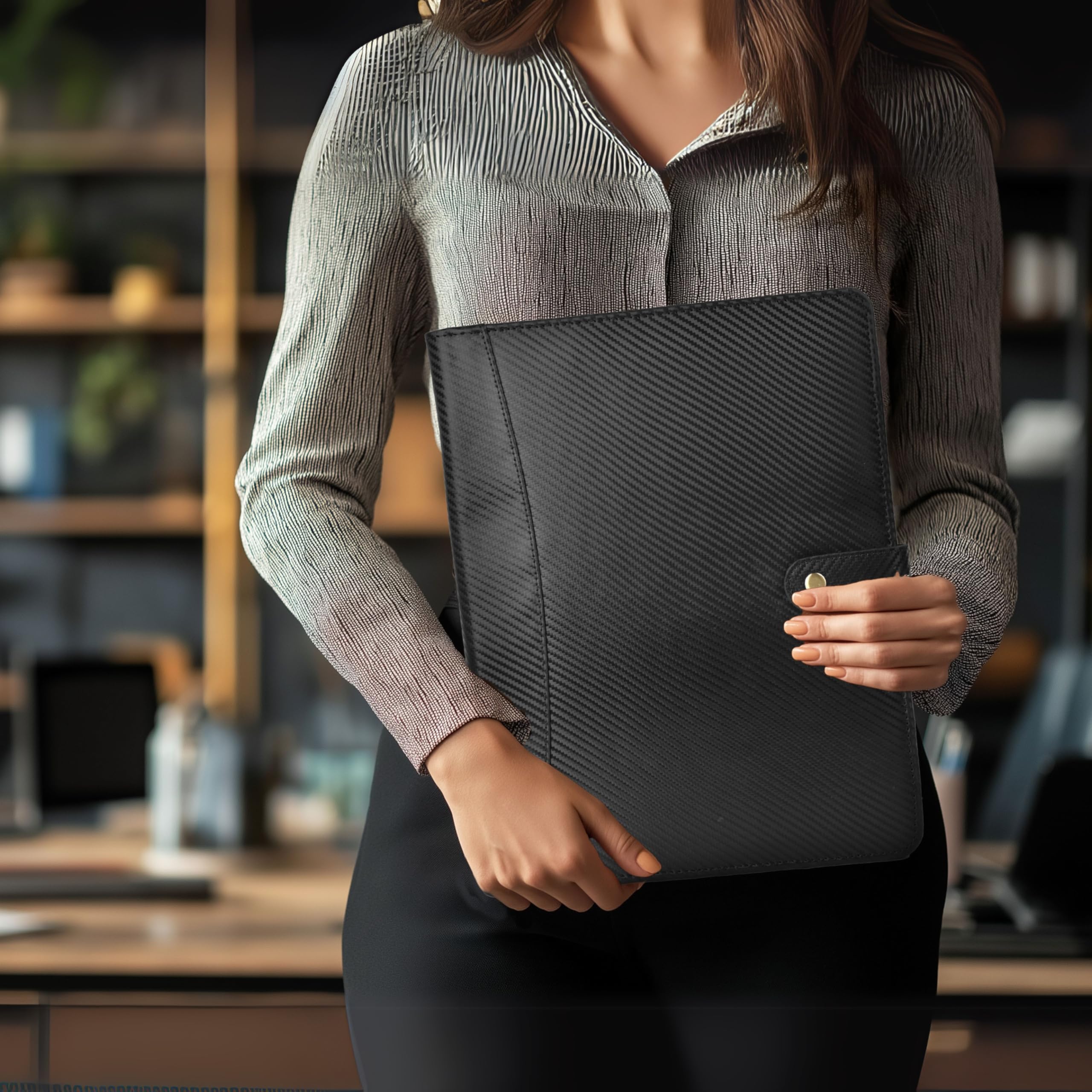 LEATHER VILLAGE Professioneller Portfolio-Organizer, Karbonfaser, echtes Leder, Padfolio-Lebenslaufmappe für A4-Briefblock mit Stifthalter, Visitenkartenfächern, ideal für Männer und Frauen, Schwarz