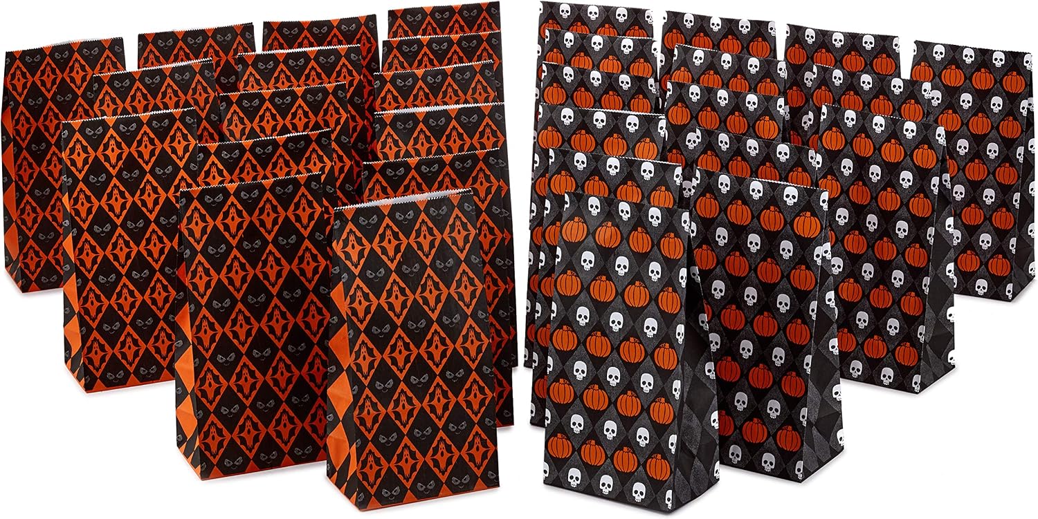 Hallmark Halloween Party Favor and Wrapped Treat Bags (30 Ct, Skulls, Pumpkins, Ghosts) Bundle, Black, Orange, White
