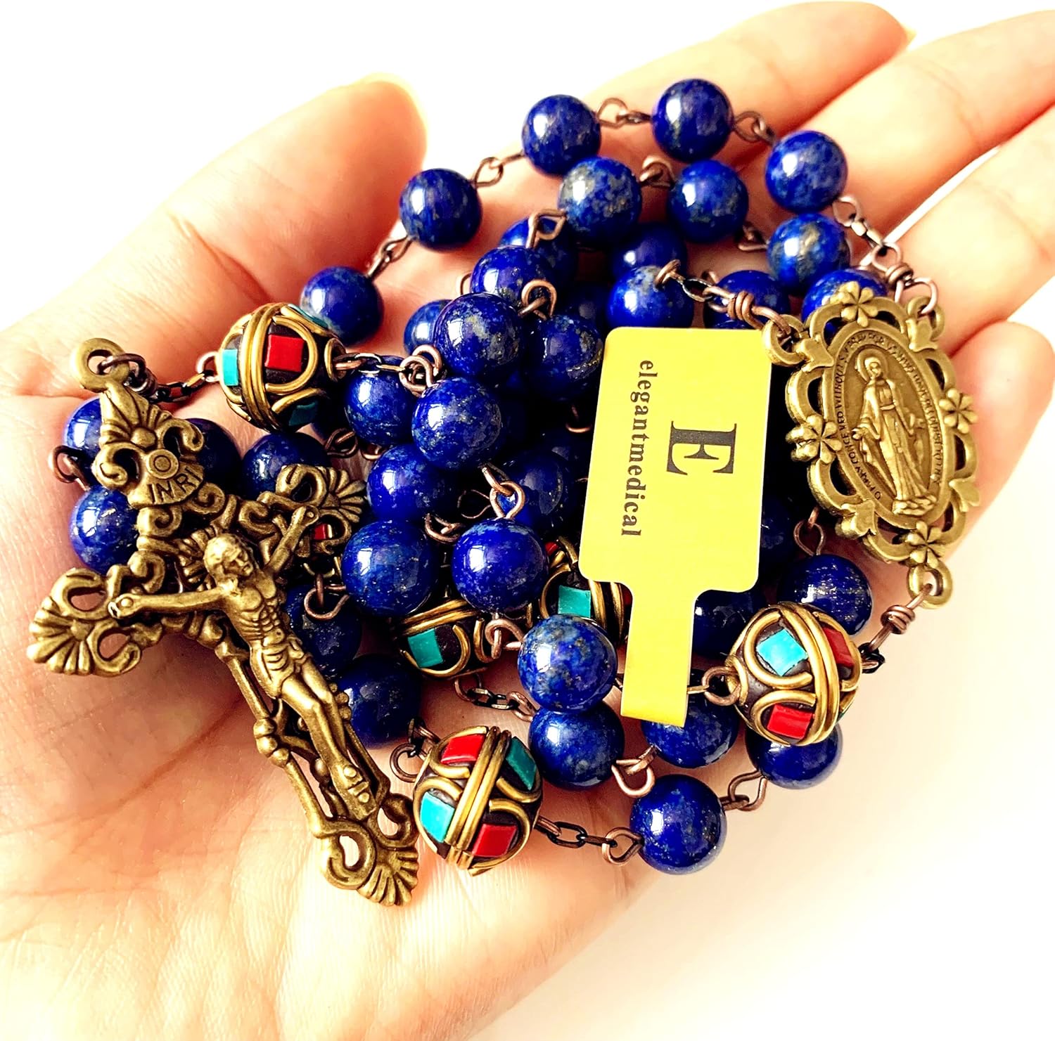 elegantmedicl Tibet BEADS UNDOUBTED Lapis lazuli Antiqued Rosary Necklace Bronze Cross - Image 9