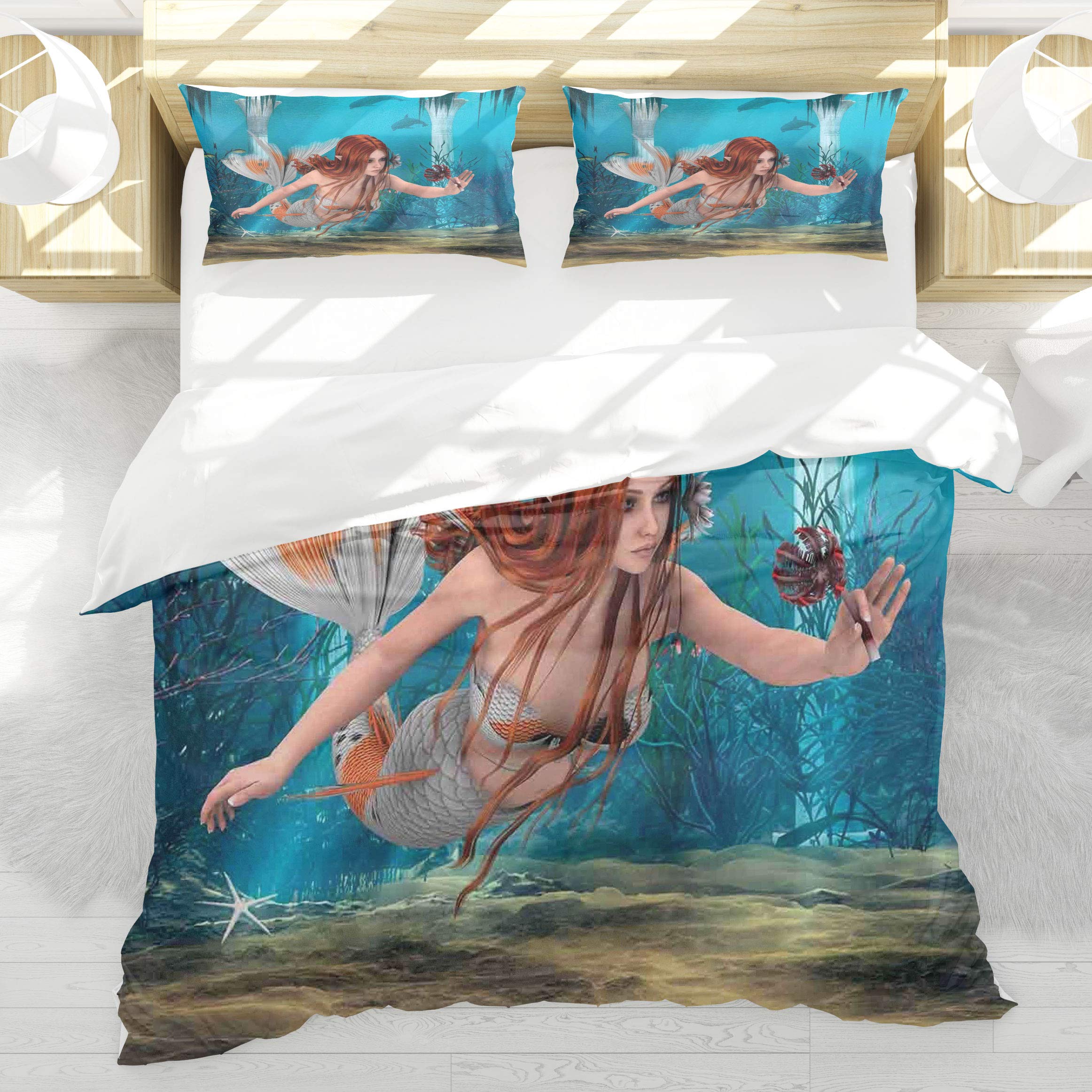 Housse de couette sirène monde aquatique magique 200x200 avec 2 taies d'oreiller 50x75 pour lit 2 places