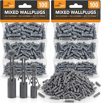 SOL 200pk Mixed Wall Plugs 5mm 6mm 7mm Rawl Plugs for Brick Plasterboard Concrete Multi Surface Fixing Set for Screws Anchors DIY Mounting Projects Home Workshop Use