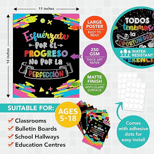 Miniatura 2 de Decorably 15 vibrantes carteles motivacionales de pizarra española para el aula, secundaria, primaria, 11 x 14 pulgadas, laminado mate, póster