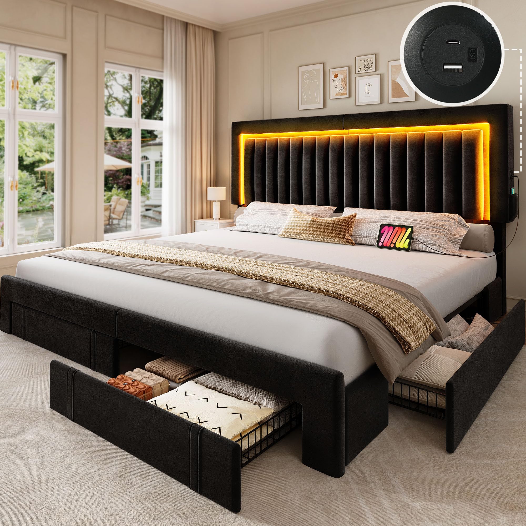 Photo 1 of ** only box # 2 is included missing box # 1 *** YITAHOME King Size Bed Frame with Adjustable Headboard, 4 Storage Drawers and RGB LED Lights, Velvet Upholstered Platform Bed with USB Ports, No Box Spring Needed, Fast Assembly, Noise-Free, Black
