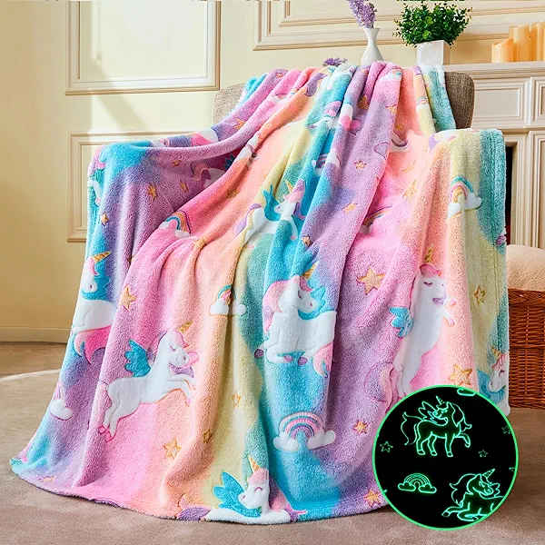 Joiedomi Glow in The Dark Blanket - Unicorns Gifts Toys for Girls Age 2 3 4 5 6 7 8 9 10 11 12 Year Old - Soft Cozy Flannel Kids Throw Blanket, Birthday Bedroom Decor 50"×60"