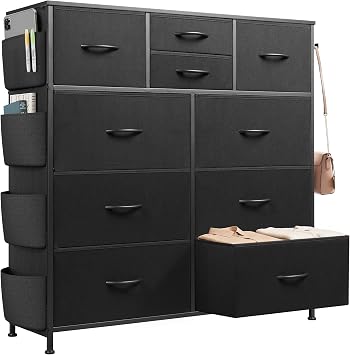 WLIVE 10 Drawer Black Fabric Dresser for Bedroom, Side Pocket & Hooks Chest | Fabric chest of drawers, steel frame, side pockets & hooks. Sleek modern storage for bedroom, closet, living room.