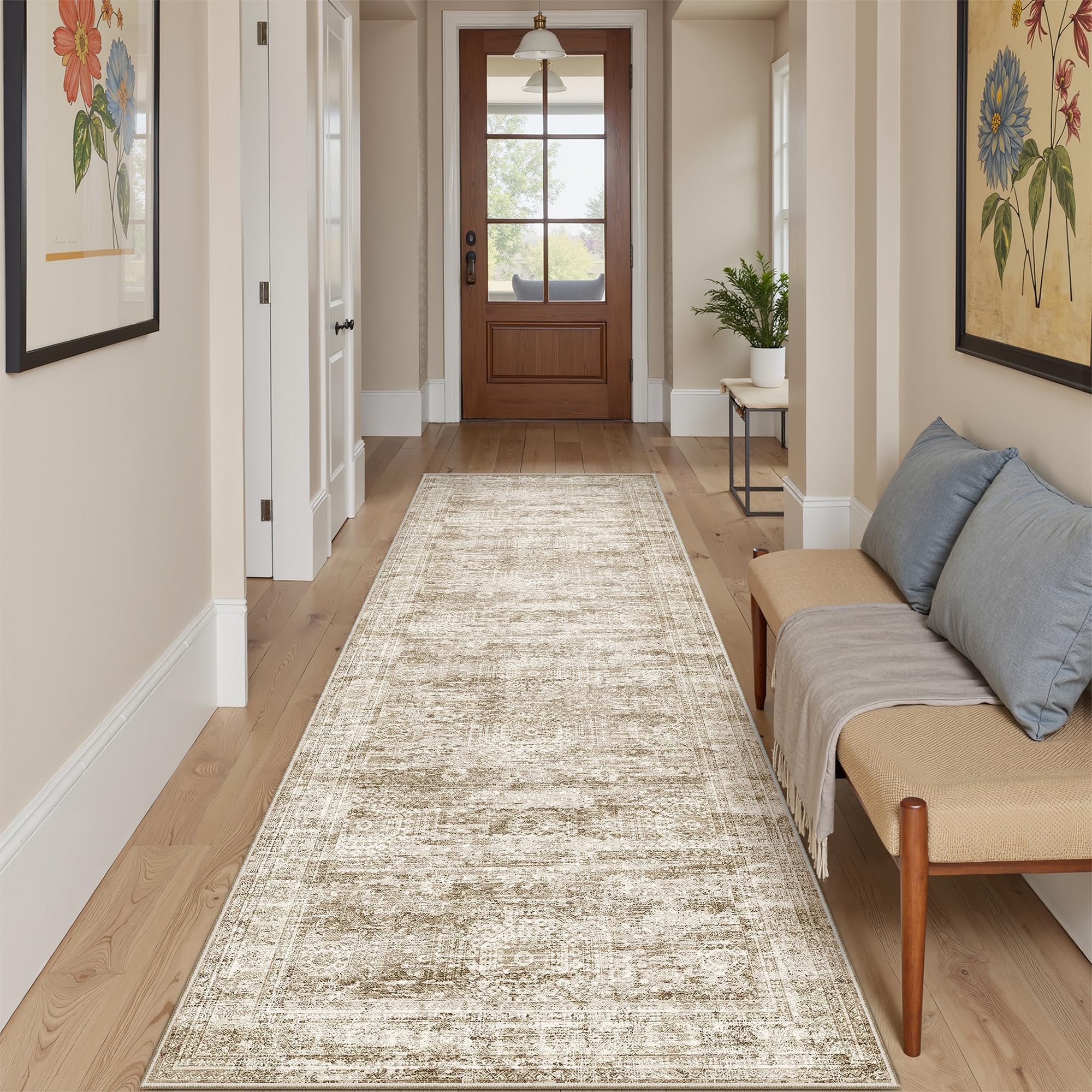 Runner Rug 2'6" x 10' Washable Non-Slip Runner Rugs for Kitchen Bathroom Laundry Room Vintage Ultra Thin Runners for Hallway Entryway Brown