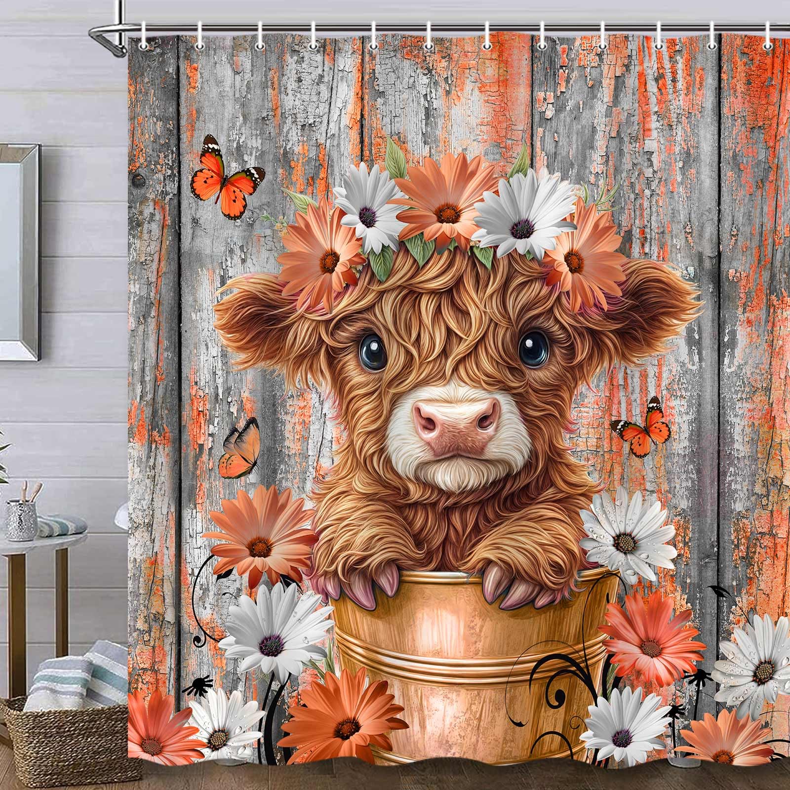 Funny Highland Cow Shower Curtain - Farmhouse Decor -14