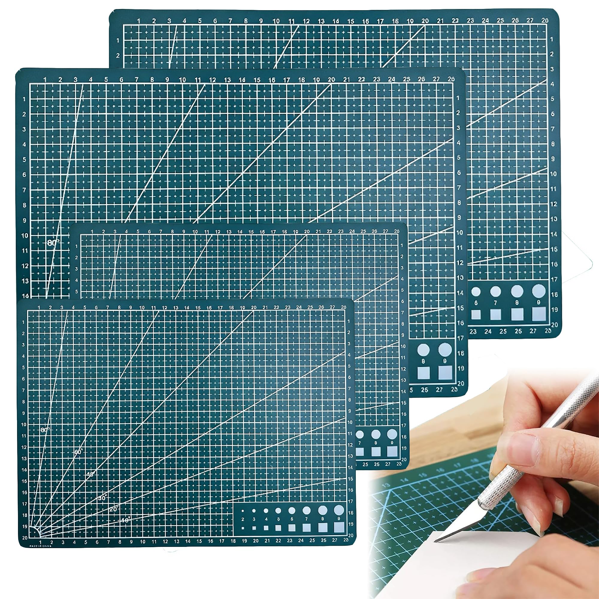 4 Pcs Self-Healing Cutting Mats A4 A5 Sizes 2-in-1 Craft Mat Non-Slip Grid Cutting Board for Sewing Quilting Cardmaking DIY Projects Green