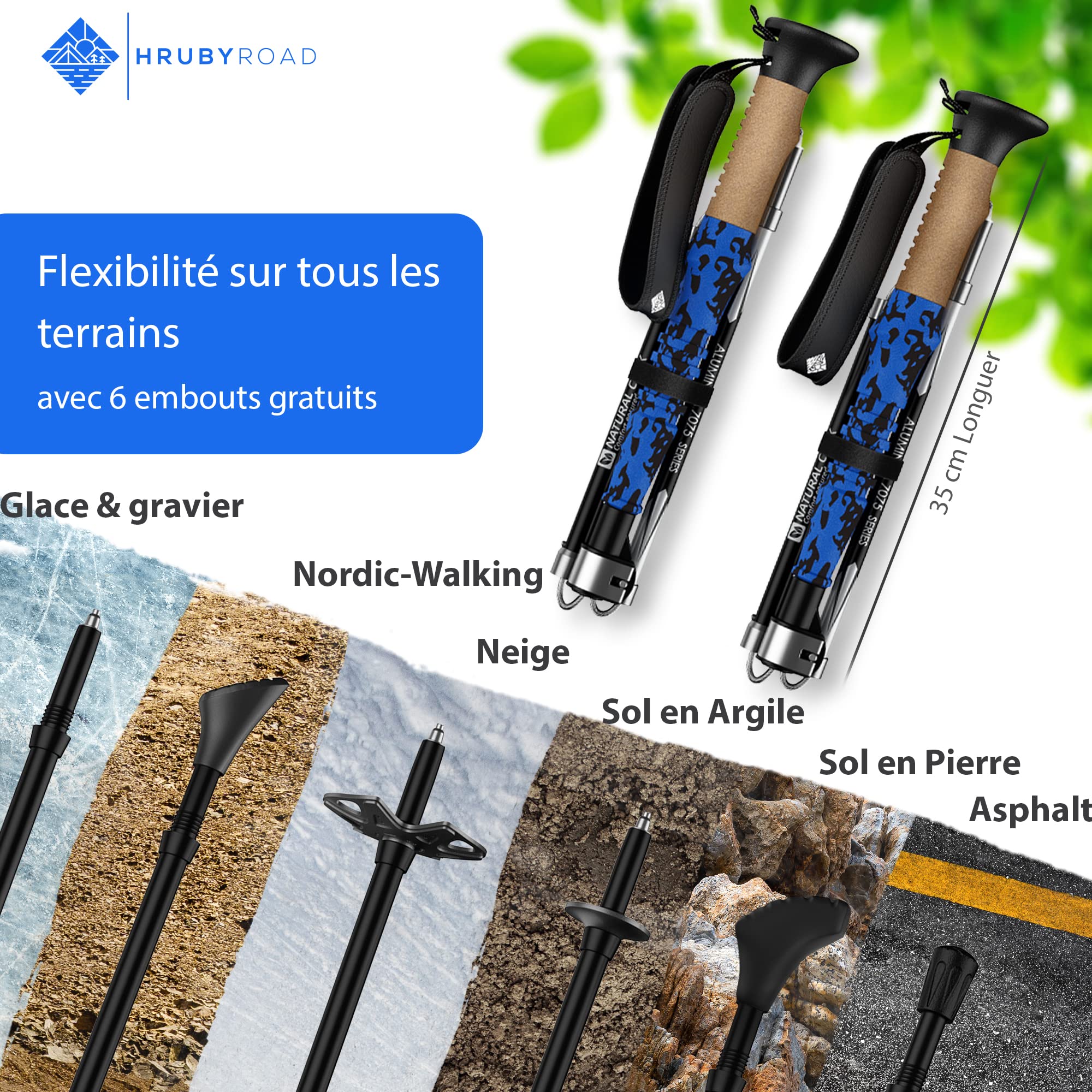 HrubyRoad® Bâtons de randonnée télescopiques | Bâtons de Marche Nordique pour Femmes et Hommes | Bâtons de Trekking Ultra-Stables [avec 6 Embouts]