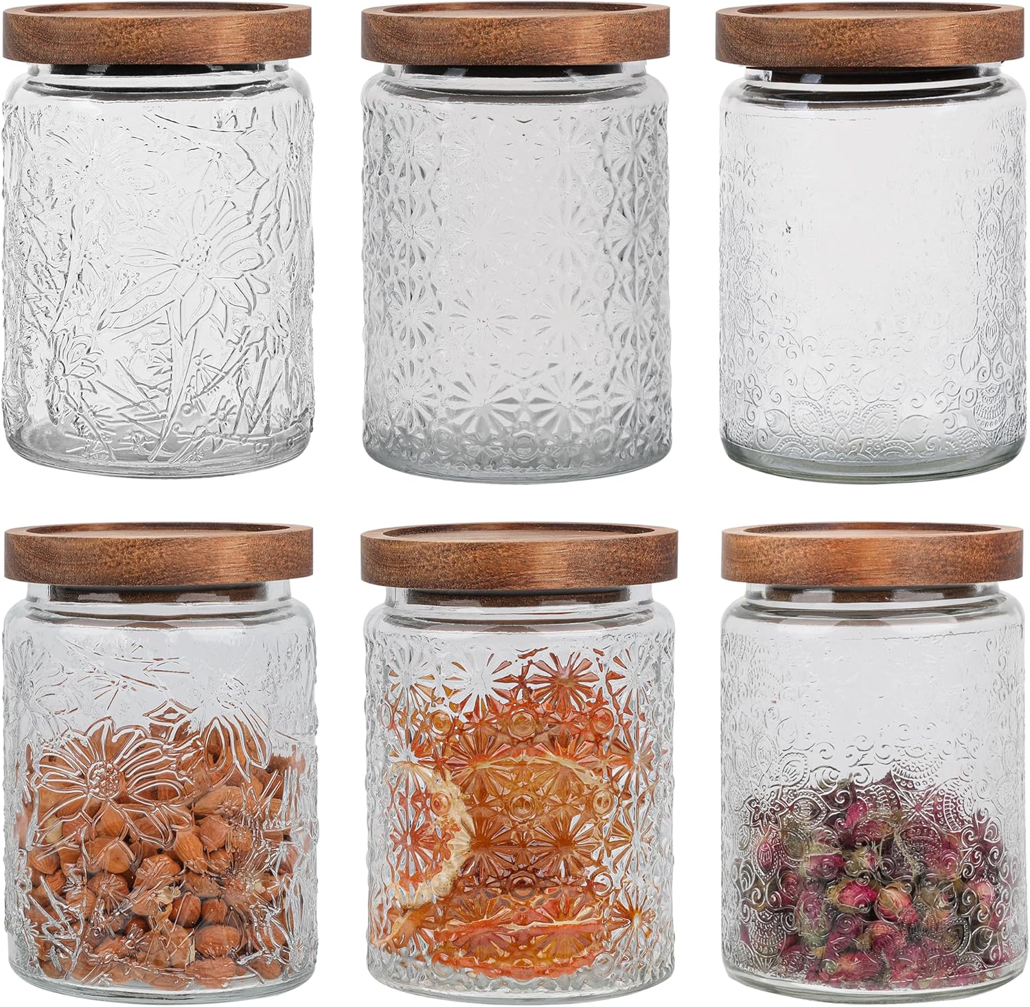 6 Pack 24oz Vintage Glass Jar with Wooden Lid – BPA-Free, Airtight Food Storage Canister for Kitchen Counter, Pantry, Coffee, Sugar, Spices & Dry Foods