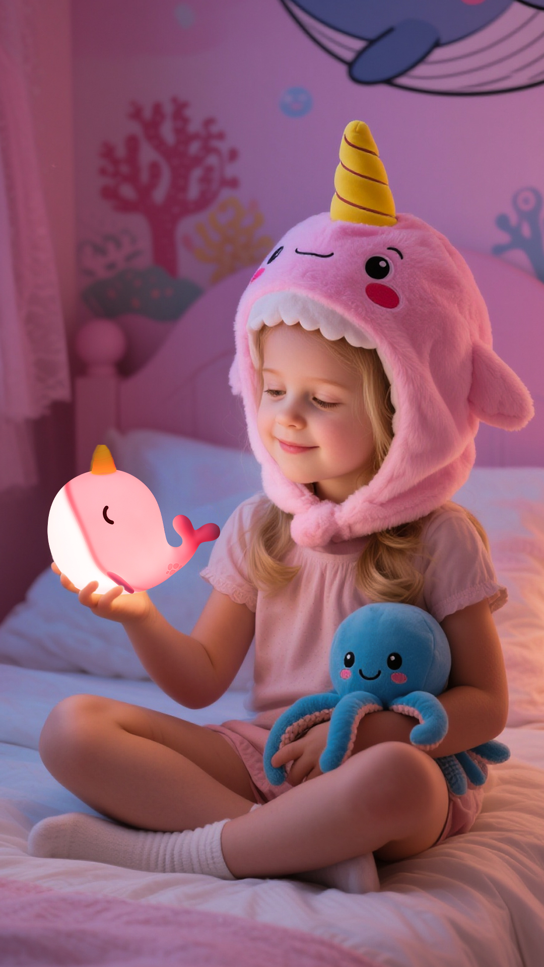 Image of Ammonite Pink Narwhal Night Light, Soft Silicone Whale Nursery Lamp with 3 Dimming Levels and 30-Minute Timer, Touch Control Nightlight for Bedroom Decor, Christmas Birthday Gift