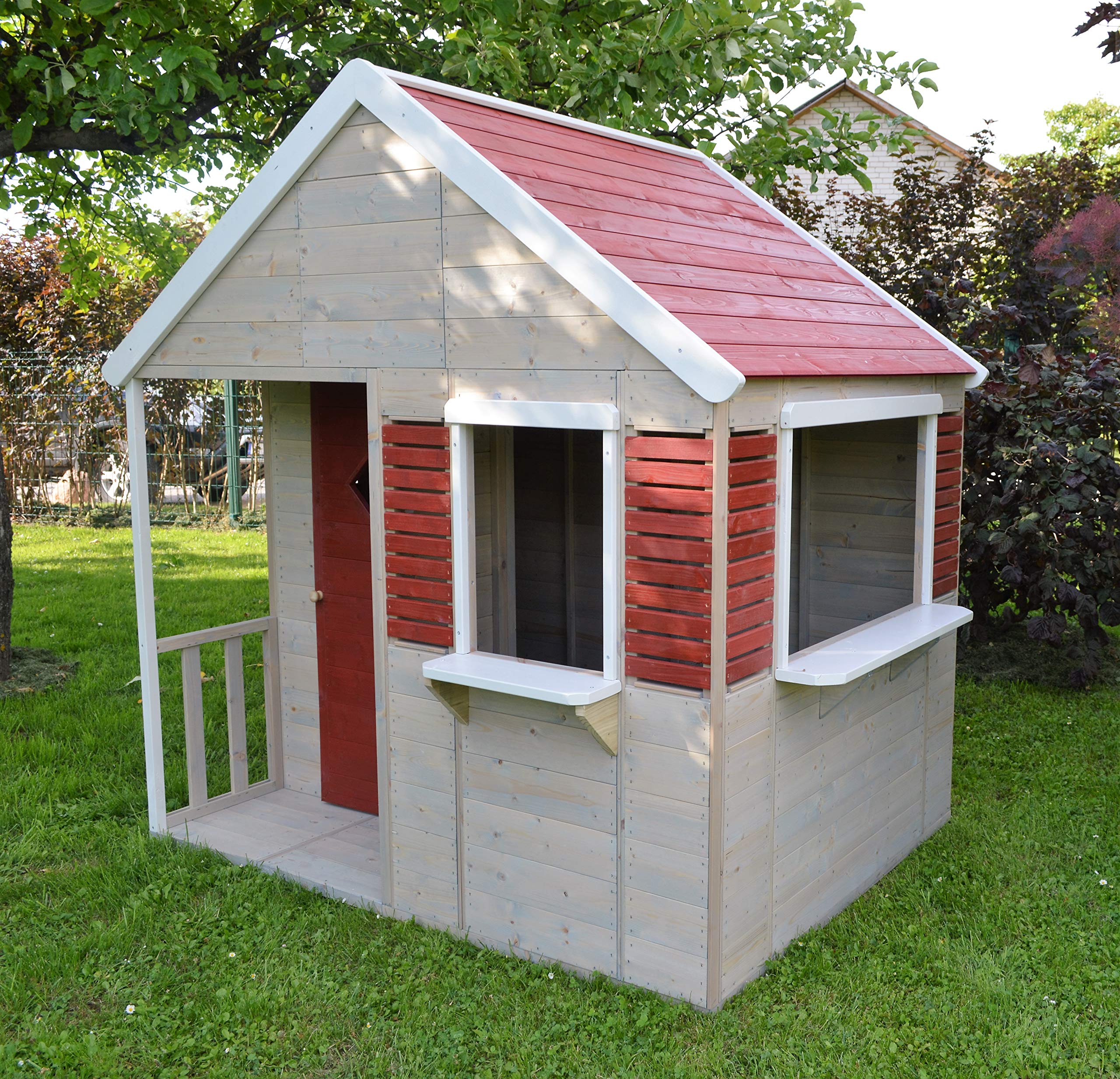 casa de Juegos de Madera para niños jardín 120×155×168 cm con Puerta, Ventana, persianas, terraza y estantería Interior, Color Rojo – M12R