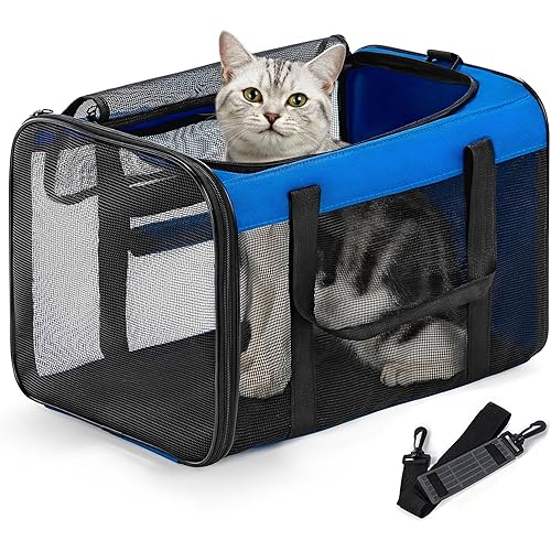Conlun Cat Carrier Bag,Soft-Sided Pet Carriers for Dogs with 4-Sided Mesh,Airline Approved Cat Transport Carrier for Small&Medium Cats Kitten Puppy Up to 15LB,Collapsible Cat Travel Carrier-M,Blue