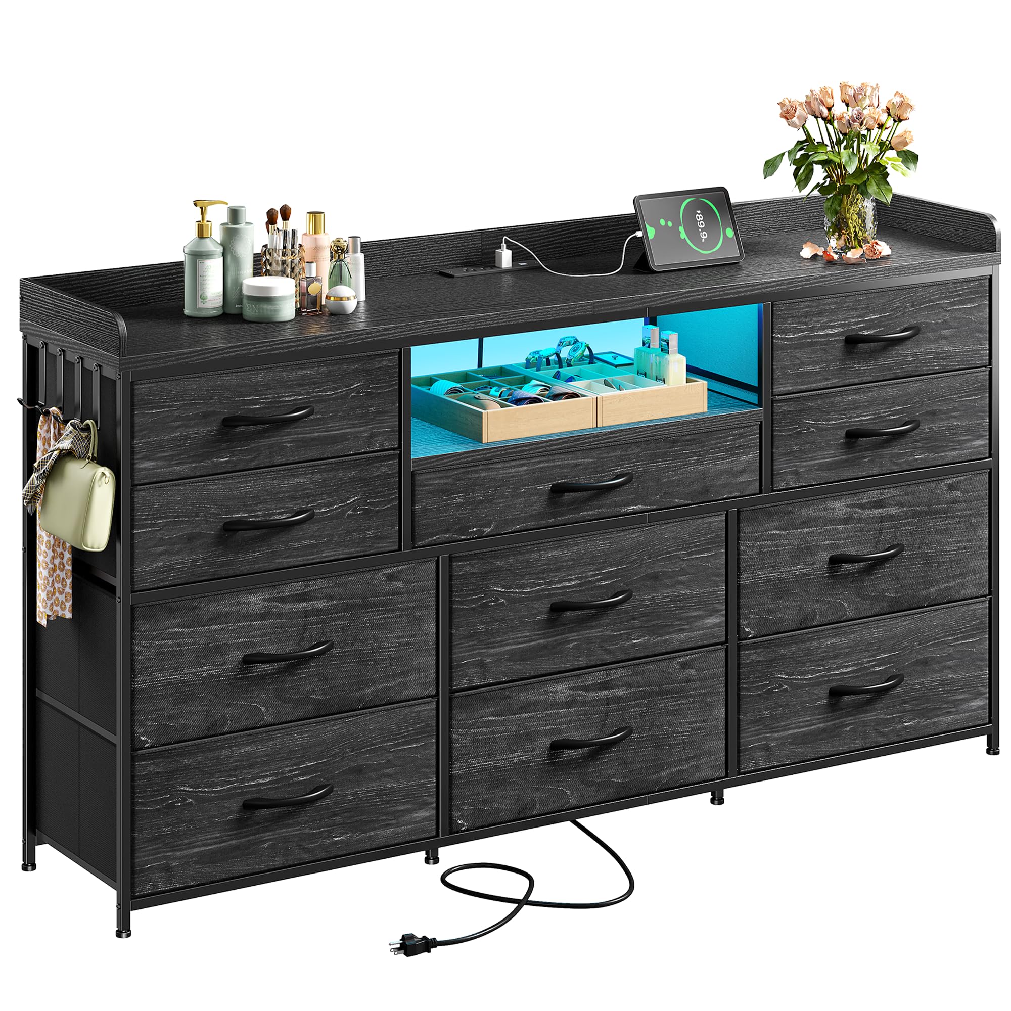 Black Dresser for Bedroom with LED Lights & Charging Station & 4 Hooks 11 Drawer Dressers & Chests of Drawers Long Fabric Dresser TV Stand for 50 55
