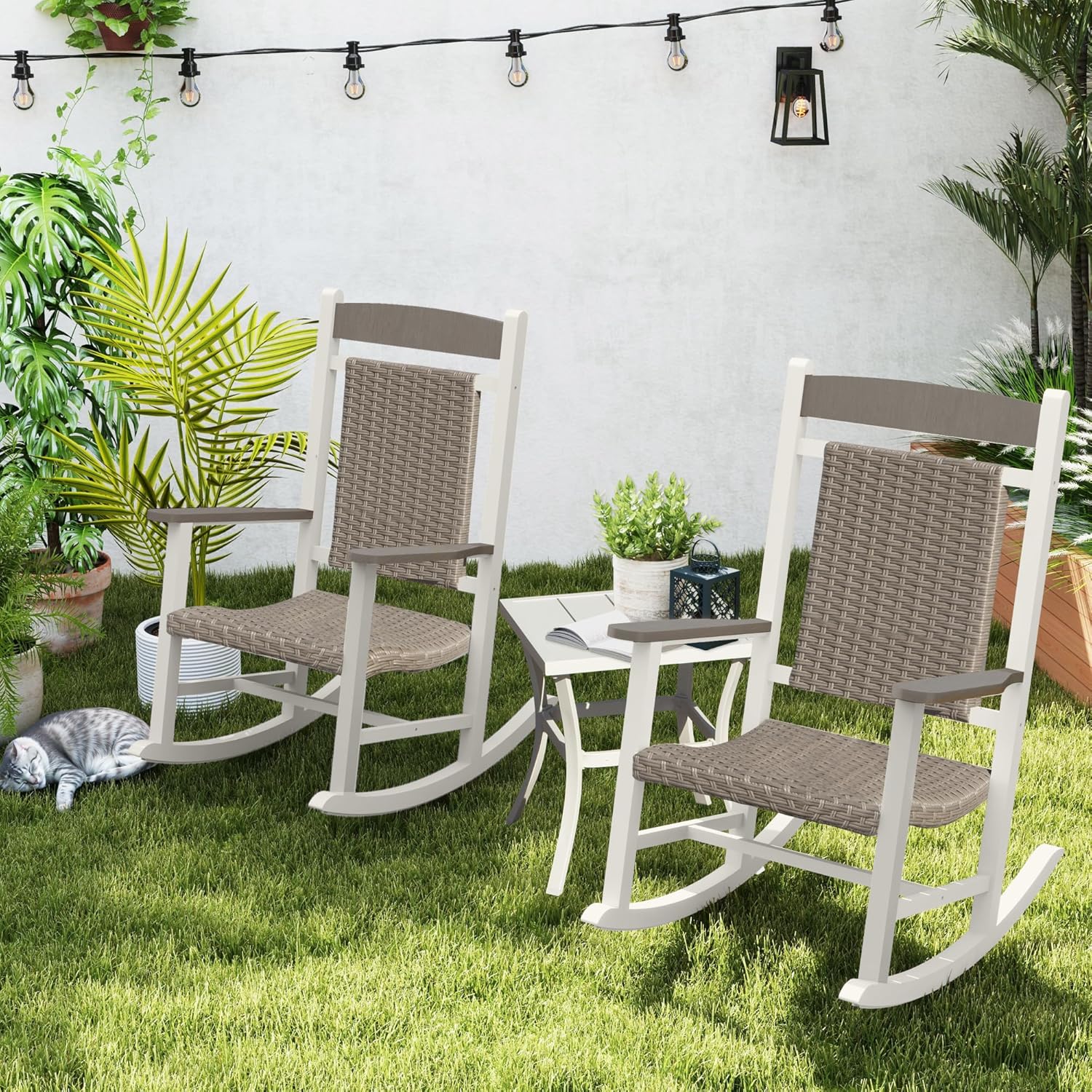 Outdoor Wicker Rocking Chairs Set of 3, 2 Chairs Made of Metal & Rattan + 1 All Metal Table, Oversized Patio Rocker with High Back for Adults, All-Weather Outside Furniture, White & Brown