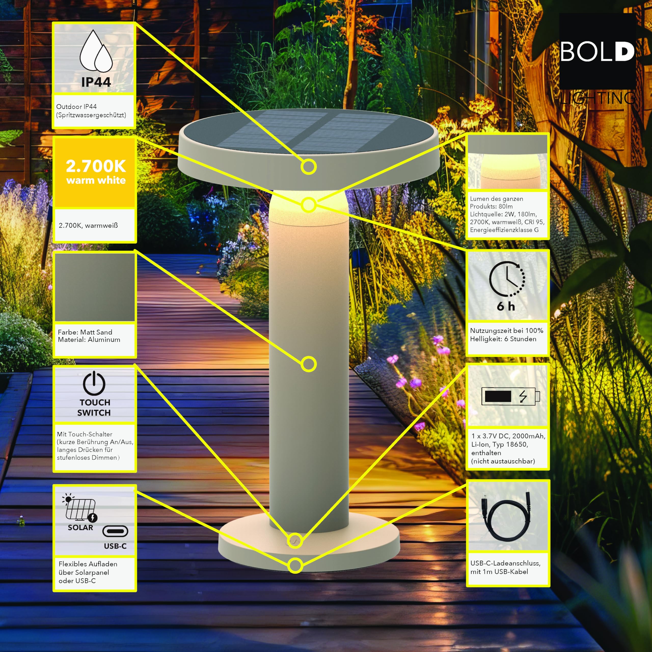BOLD Solarna Lampa Stołowa LED do Wnętrz i na Zewnątrz, Dotykowy Włącznik, 6 Godzin Pracy, IP44, Ładowanie Solarne i USB, Kabel USB-A do USB-C 1 m w Zestawie, Matowy Piaskowy
