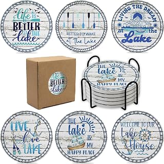 Lake House Decor Coaster Set of 6, Lake Theme Coaster Gift for Women Men, Bar Coasters with Lake Sayings for Christmas New Home,Apartment Kitchen Bar Living Room (Blue)