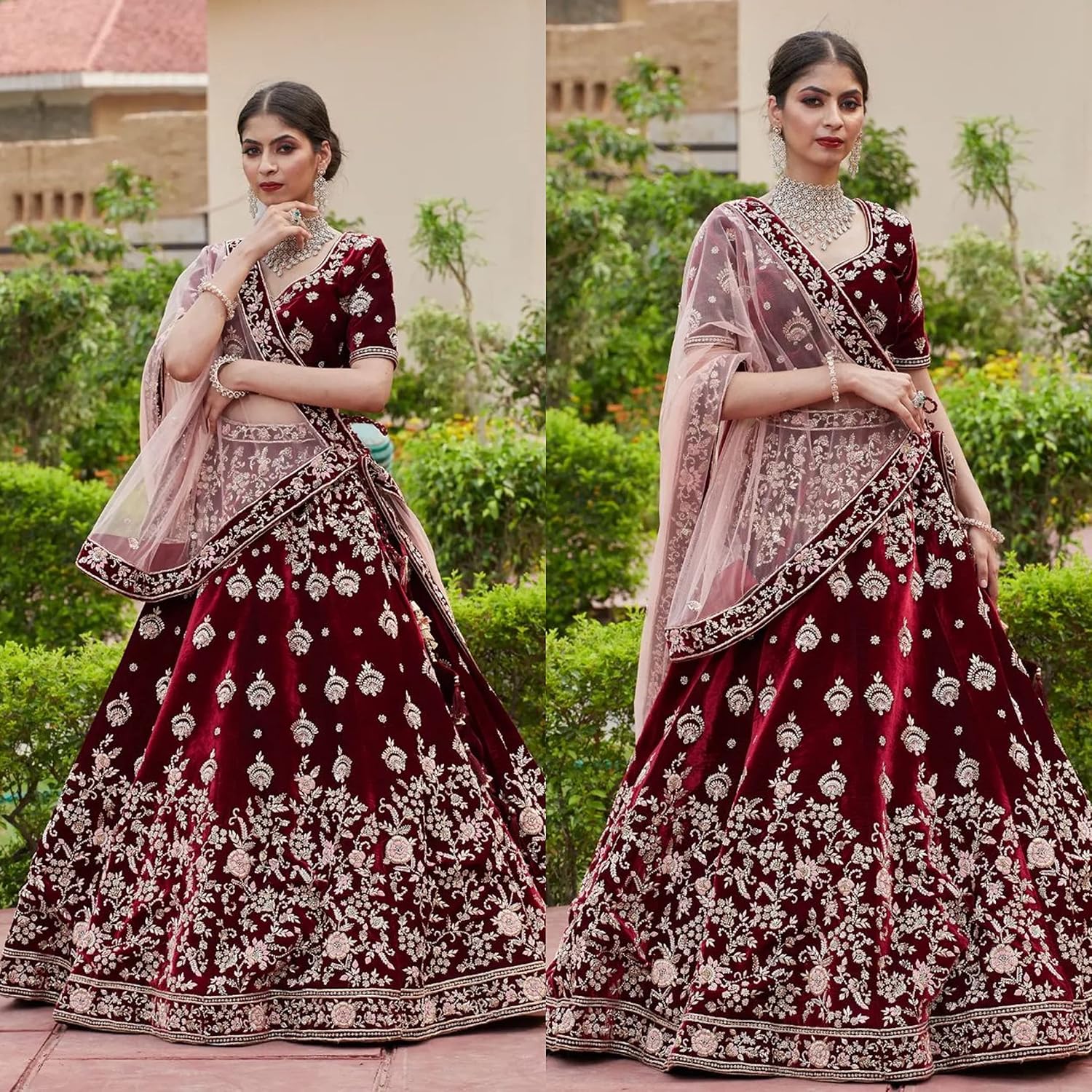 Trendmalls Women's Velvet Embroidery Sequence Work Bridal Lehenga Choli Unstitch Blouse with Dupatta For Women