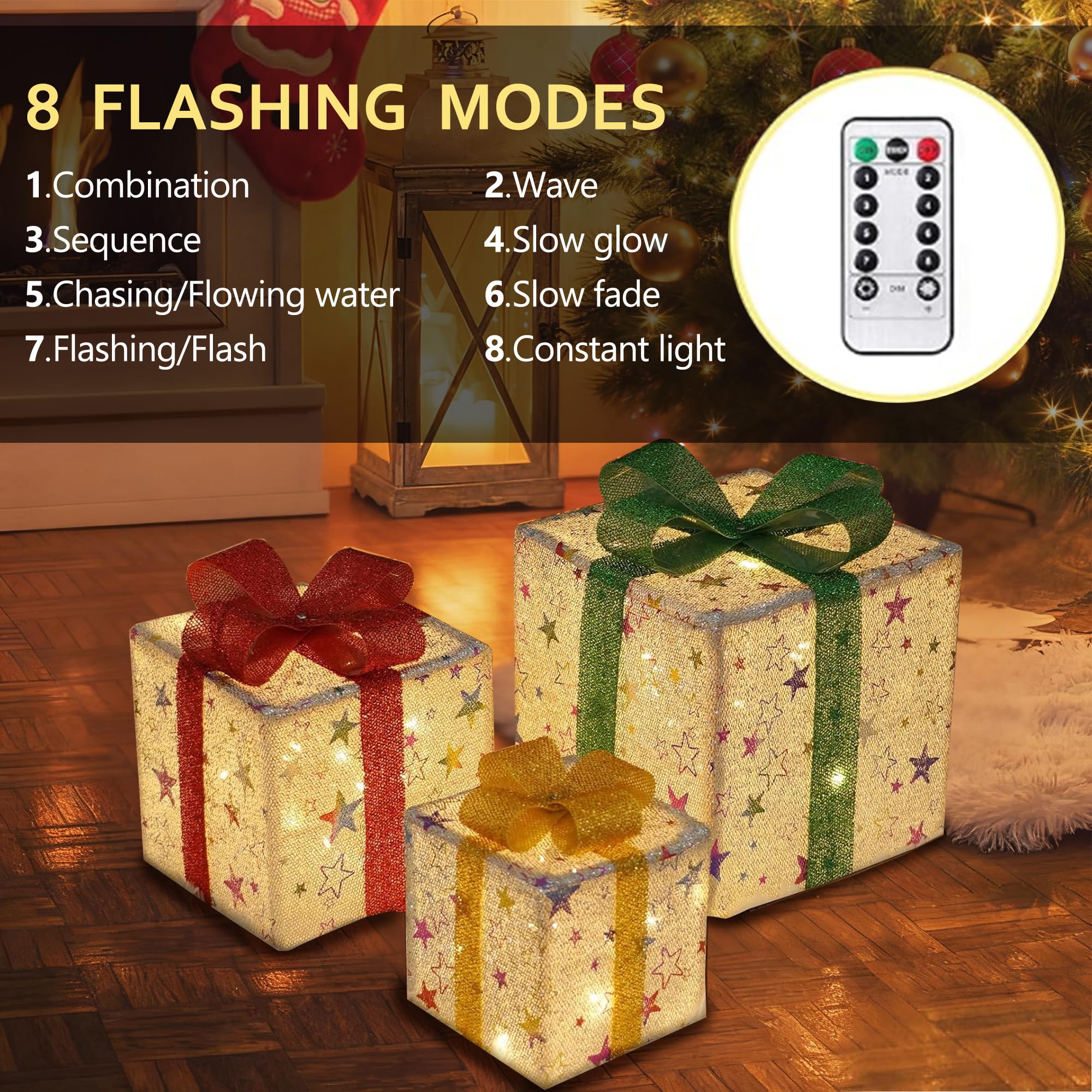 Juego de 3 Ramadan Decoracion, 50 LED Cajas de Regalo Ramadán con Luces, 8 Modos Cajas de Regalo Decorativo Estrellas con Control Temporizador, Interior para Árbol de Ramadán IP44