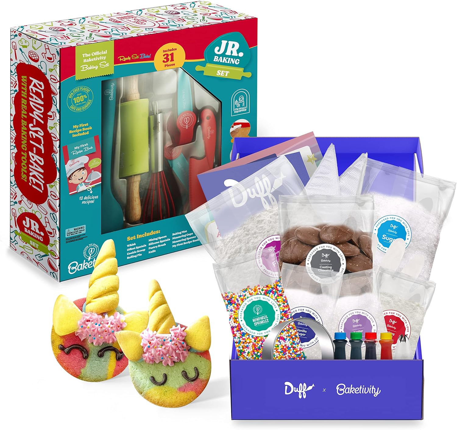 Baketivity All-In-One Kids Cooking Tool Set and Unicorn Rainbow Cookies Kit Bundle - Learn Basic Baking Skills with Duff Goldman DIY Cookie Making Kit - Best Cooking Set Gift for Little Junior Chefs