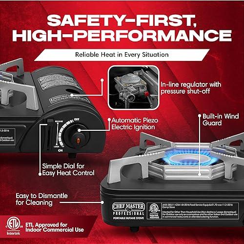 Miniatura 3 de Chef Master 90027 Estufa de butano portátil con 4 latas de combustible de butano  Estufa de gas portátil con funda de transporte resistente  No