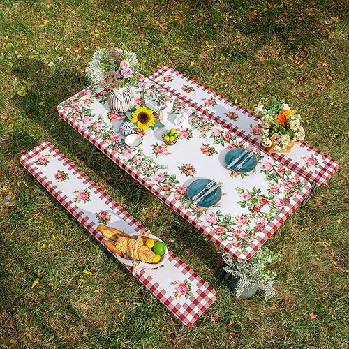 Miniatura 8 de ARTABLE Fundas para mesa de pícnic, bordes elásticos, rectangulares ajustadas, mesas de 6 pies, impermeables, juego de 3 piezas para camping, viaje,