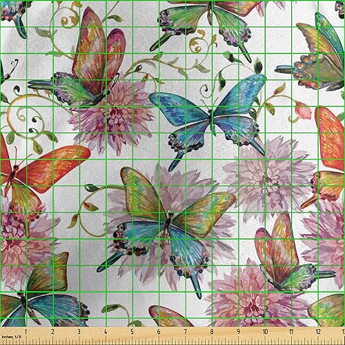Miniatura 3 de Ambesonne Butterfly Fabric by The Yard, Retro Style Swallowtail Wings Ornate Spring Season Blooming Flowers Background, Decorative Satin Fabric for