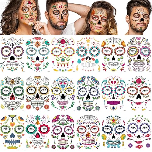 18 hojas de tatuajes temporales del día de los muertos, calavera de azúcar para adultos, esqueleto falso, rosas rojas, tatuajes de Halloween,