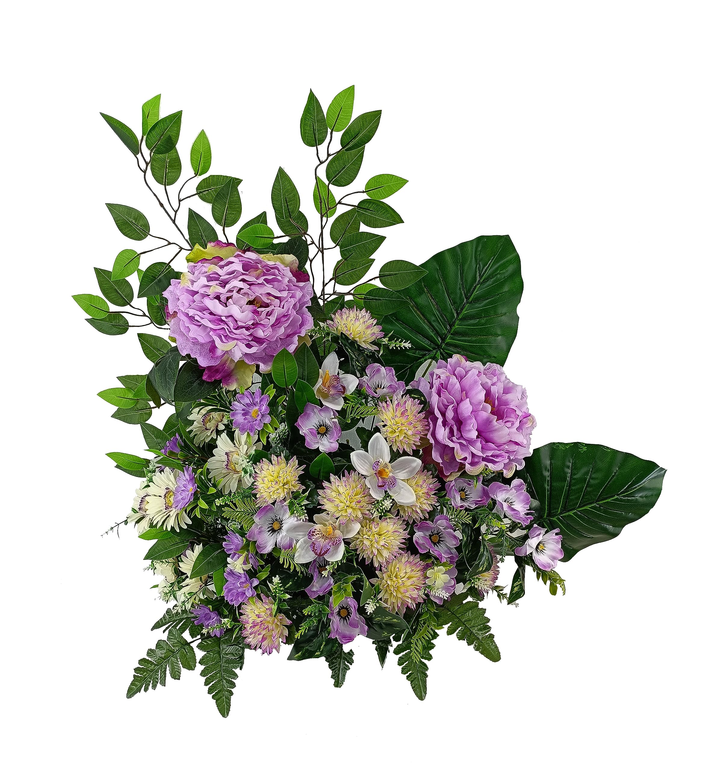 DRW Centro Flores Artificiales Cementerio, Santos, Iglesias, Aniversarios, Ceremonias, Bodas Malva Morado con peonias, gerberas, Margaritas y orquideas 75x85x35 cm