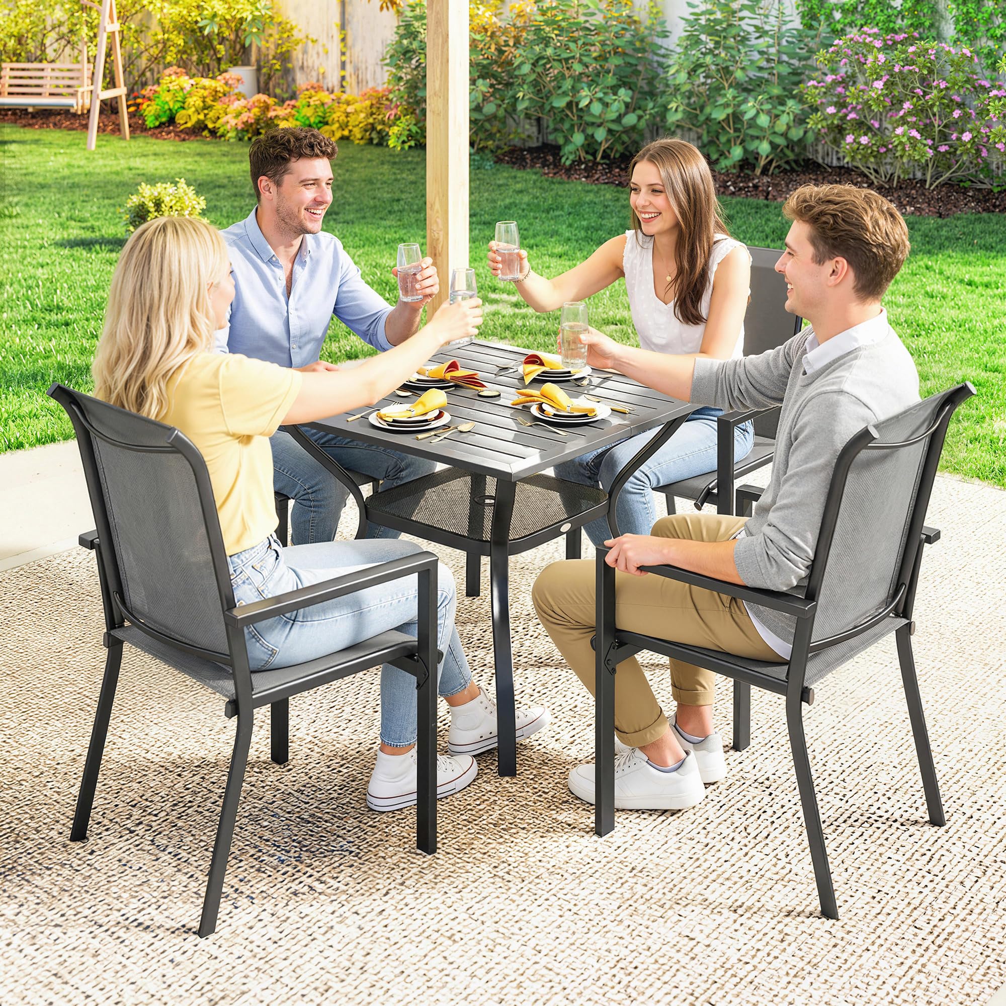 Outsunny Set Tavolo e Sedie da Giardino 5 Pezzi, Set da Pranzo con Tavolo, Foro per Ombrellone, 4 Sedie Impilabili in Texteline, Struttura in Acciaio, Set Mobili da Giardino per Terrazza Patio, Grigio