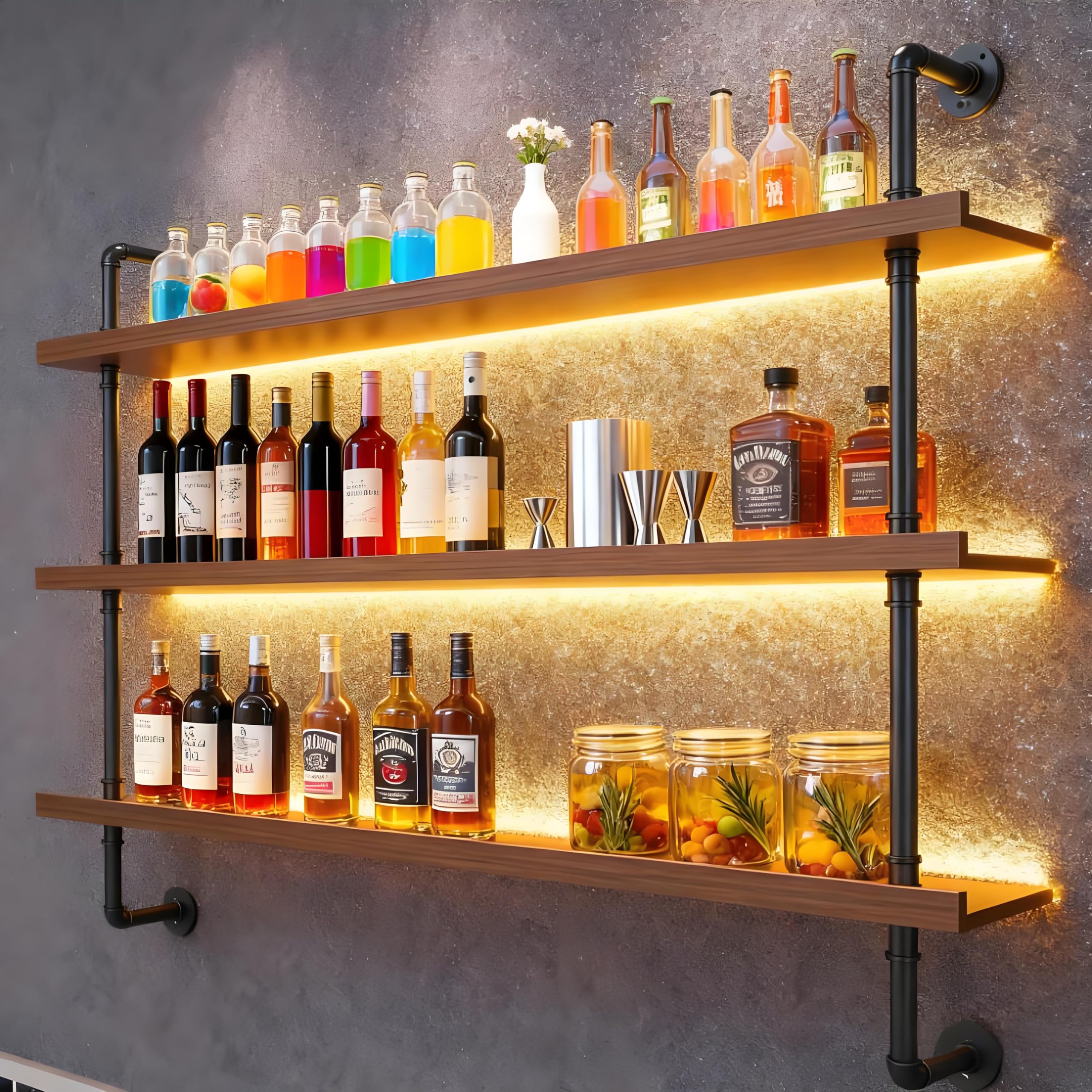 120 cm Porte-bouteilles De Vin Mural LED à 3 Niveaux, Étagère Murale Bar Style Industriel en Bois et Métal avec Éclairage LED, Casier a Vin Mural Porte Bouteille pour Cuisine, Salon, Bar & Restaurant