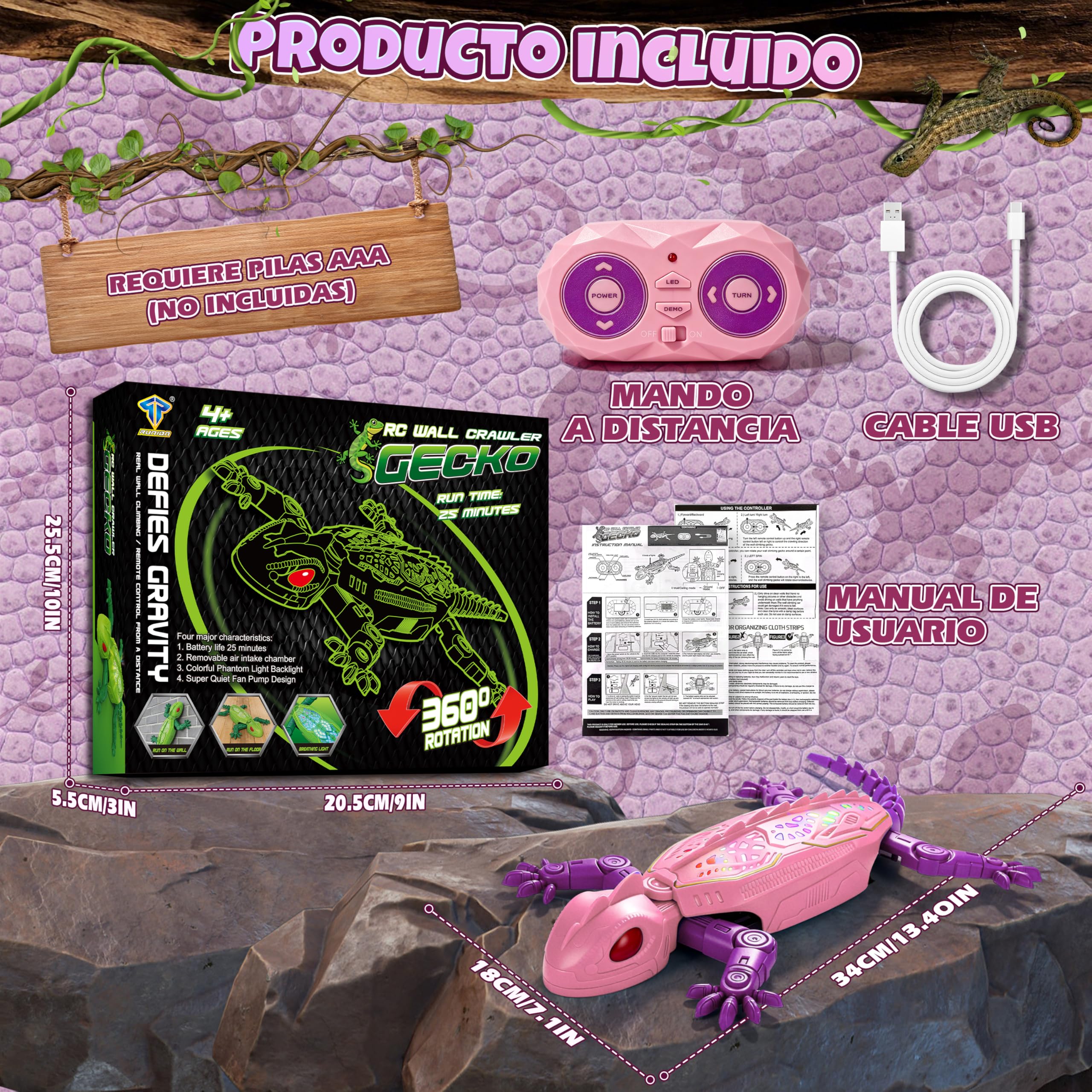 FORMIZON Lagartija Teledirigida con 9 Iluminación, Lagarto teledirigido Pared, Geko Teledirigido Juguete Movimientos Realistas, Regalo Interactivo de Robot para Niños y Niñas a Partir de 3 A (Rosa)
