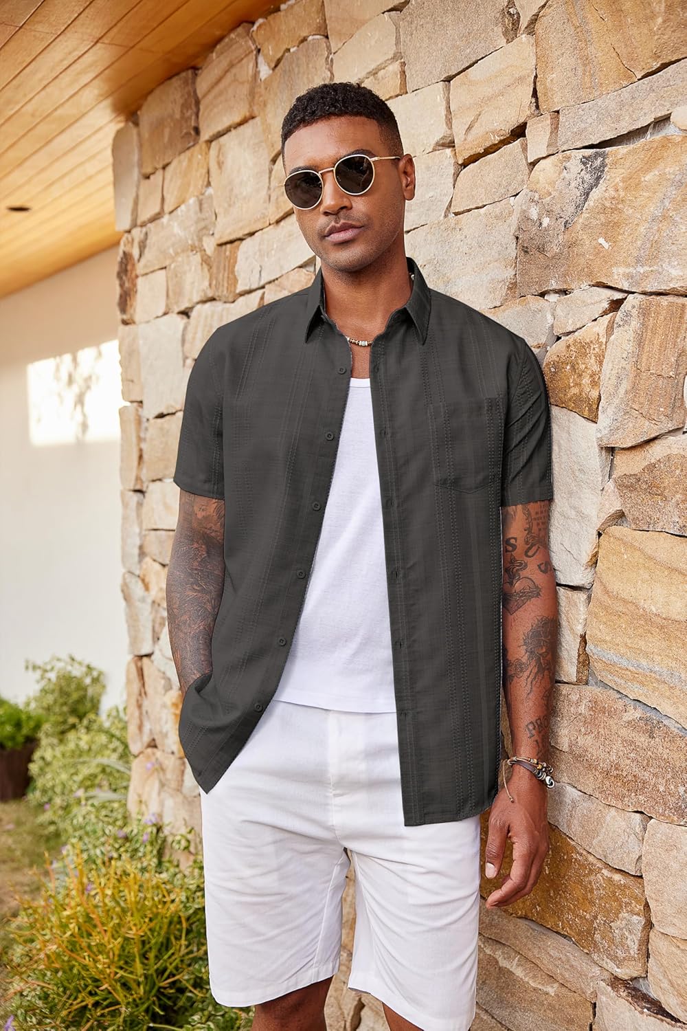 COOFANDY Men's Casual Button Down Shirts Short Sleeve Textured Shirt Summer Beach Shirts with Pocket - Image 4