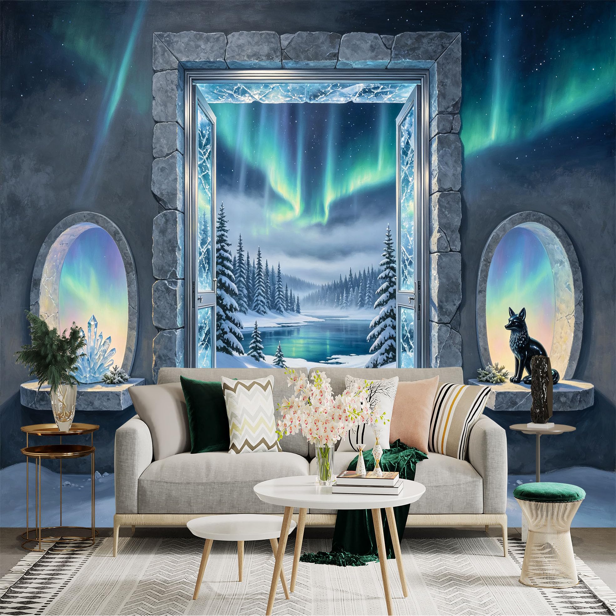 Custom Size Wall Sticker Mural， Aurora Borealis Winter Lake Snowy Forest Fantasy Landscape， for wall Decoration， peelandstick wall Decals.
