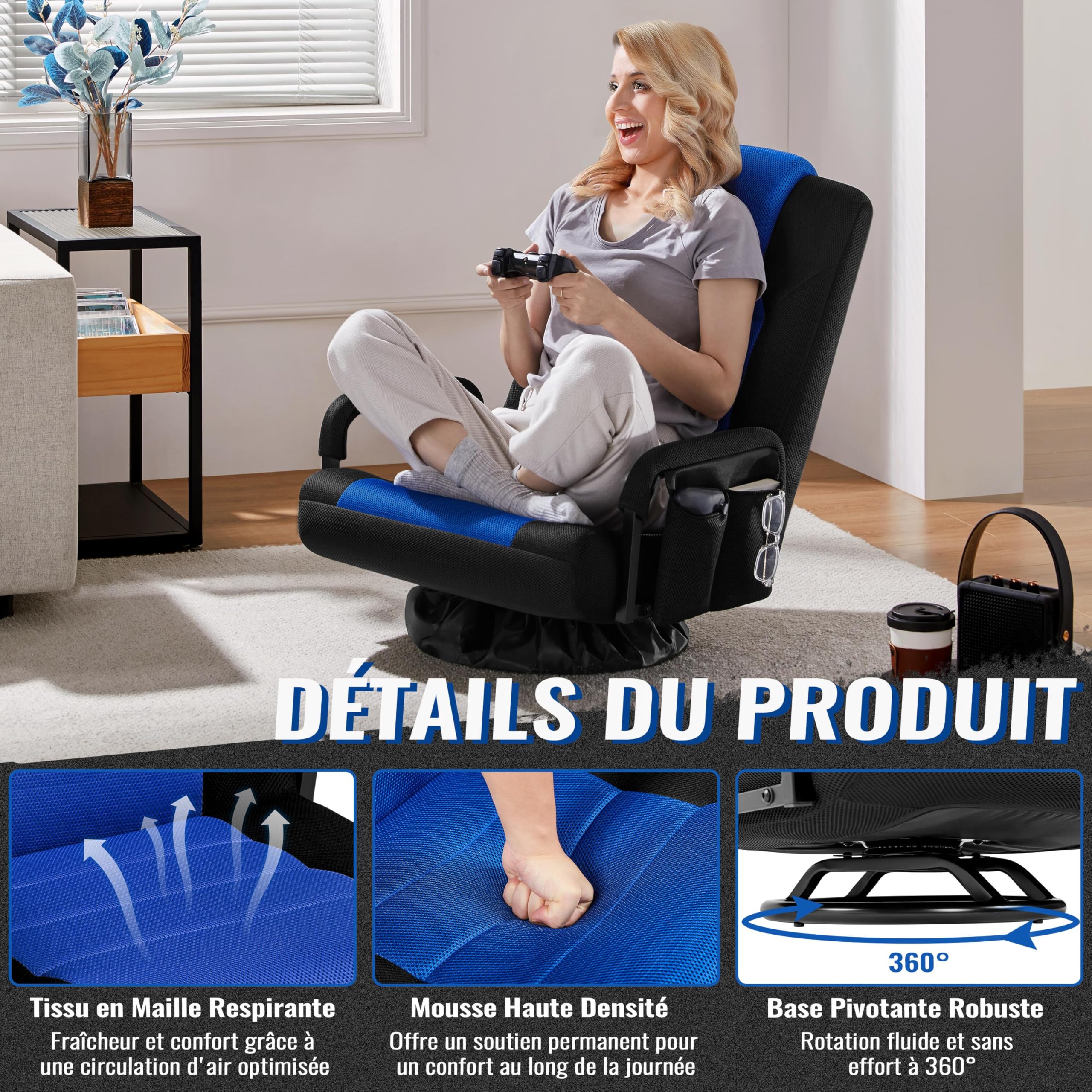 Yaheetech Chaise Gaming au Sol avec Dossier Pliable à 6 Positions Réglables et Support Lombaire, Fauteuil Gaming Pivotant à 360° avec Accoudoirs, pour Adultes, Adolescentes, Enfants, Noir/Bleu