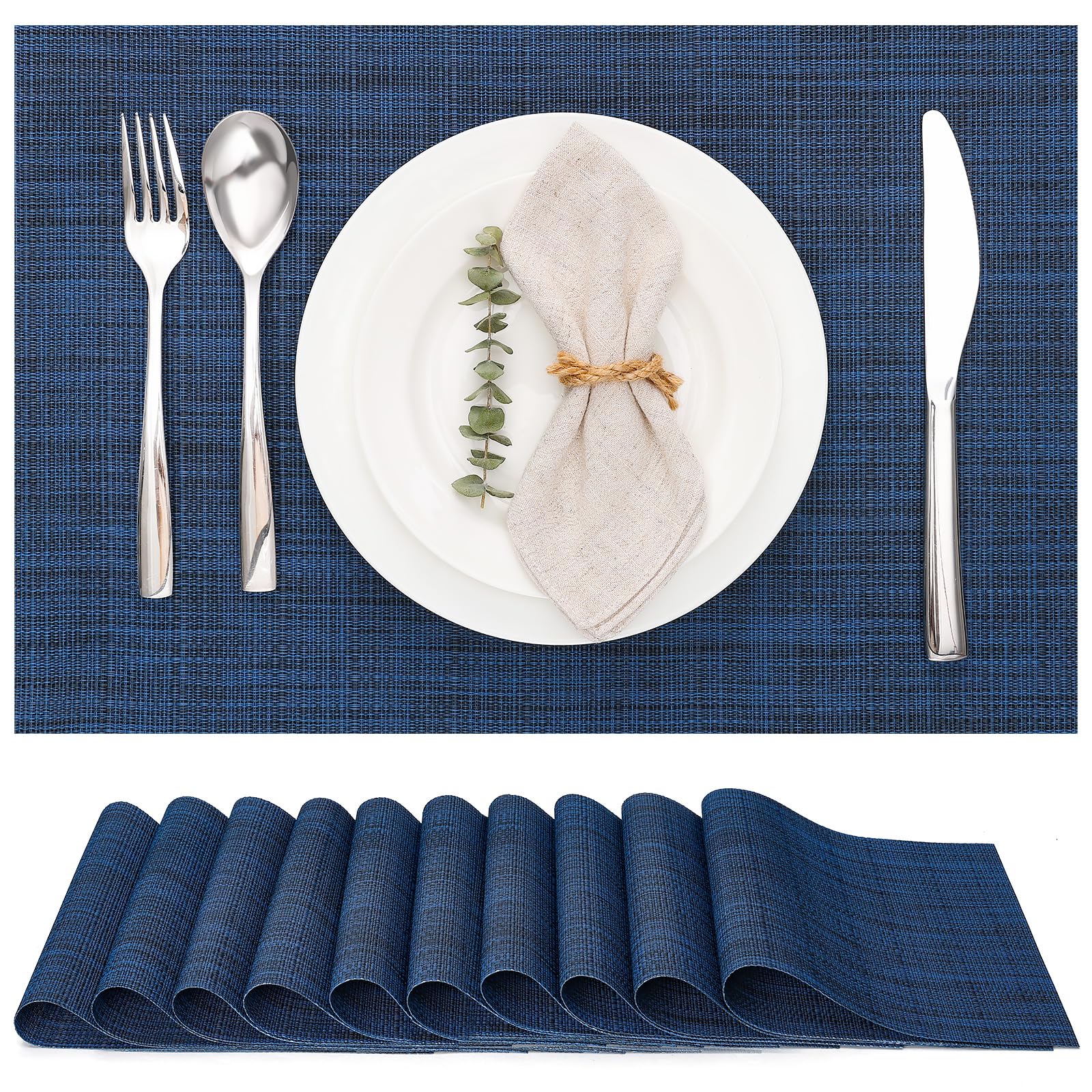 Myir JUN Table Mats Set of 10, Place Mats Table Placemats Washable Non-slip Heat Insulation Woven Vinyl for Kitchen Dinning Restaurant 17"X12" (Ocean Color) — image 1