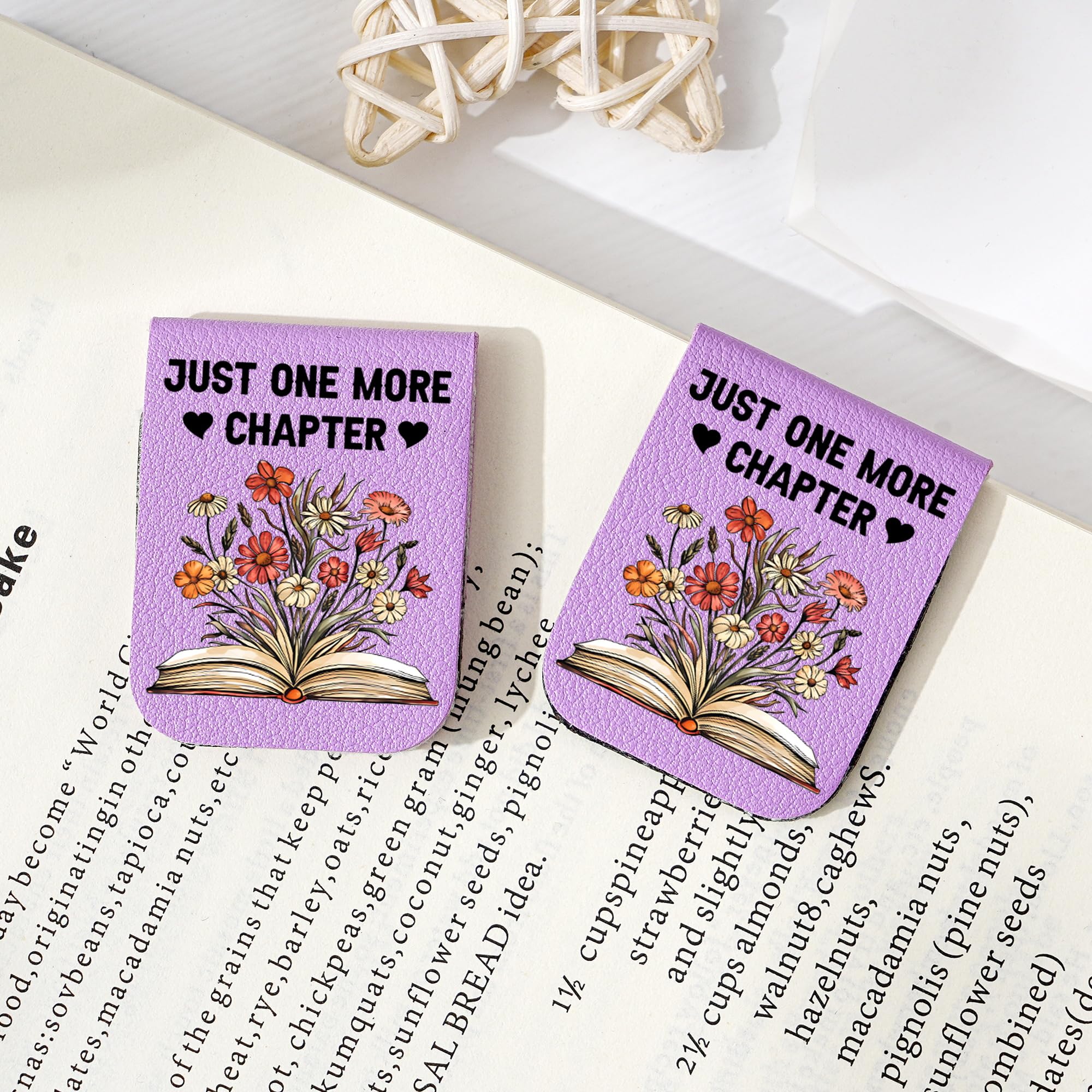 JUST ONE More Chapter - Magnetic Leather Bookmark with Flower, Leather Magnetic Bookmarks for Women, Magnetic Bookmark Holder, Christmas Birthday Gifts for Book Lovers (S1(Purple))