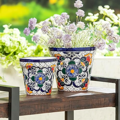 Miniatura 4 de Evergreen Garden Talavera - Maceta de cerámica mexicana Talavera de cerámica de 8 pulgadas, color blanco, maceta suculenta, interior y exterior