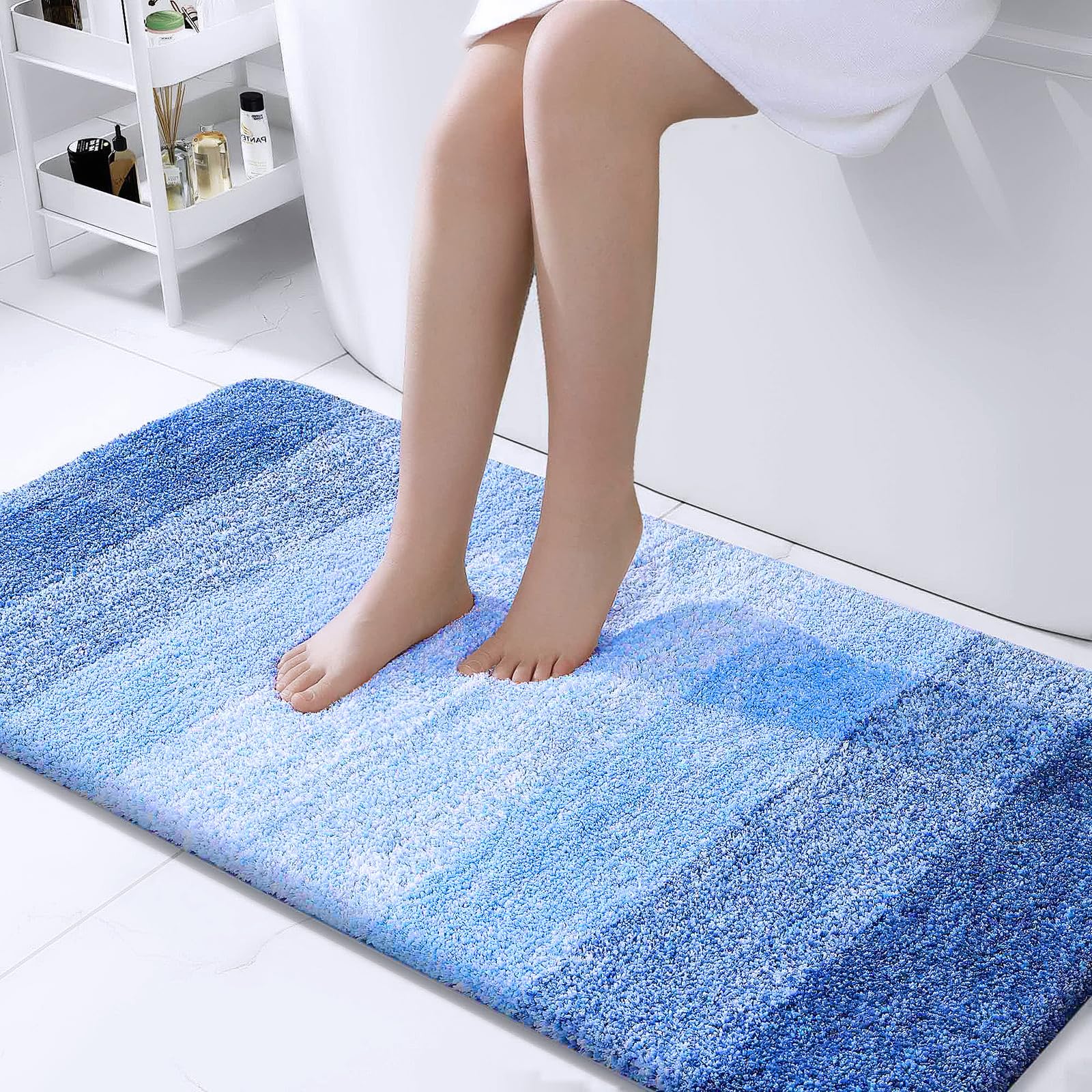 OLANLY Bathroom Runner Rug 40x24, Extra Soft Absorbent Microfiber Bath Rugs | Light Royal Blue, Non-Slip Quick-Drying Rubber Backing, Washable Long Bath Mat for Floor, Tub and Shower, Home Decor