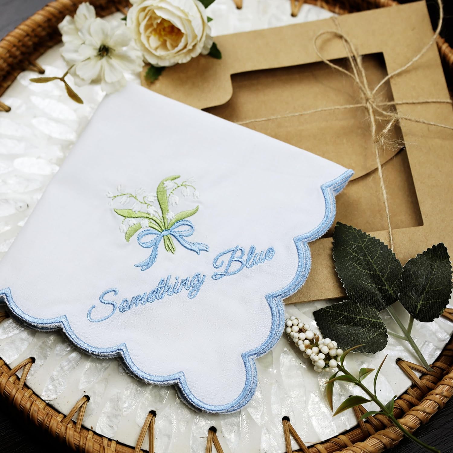 Embroidered Cotton White Handkerchief Hankie with Scalloped Edges Soft 11" x 11" Blue Wedding Gift for Bride - Image 3