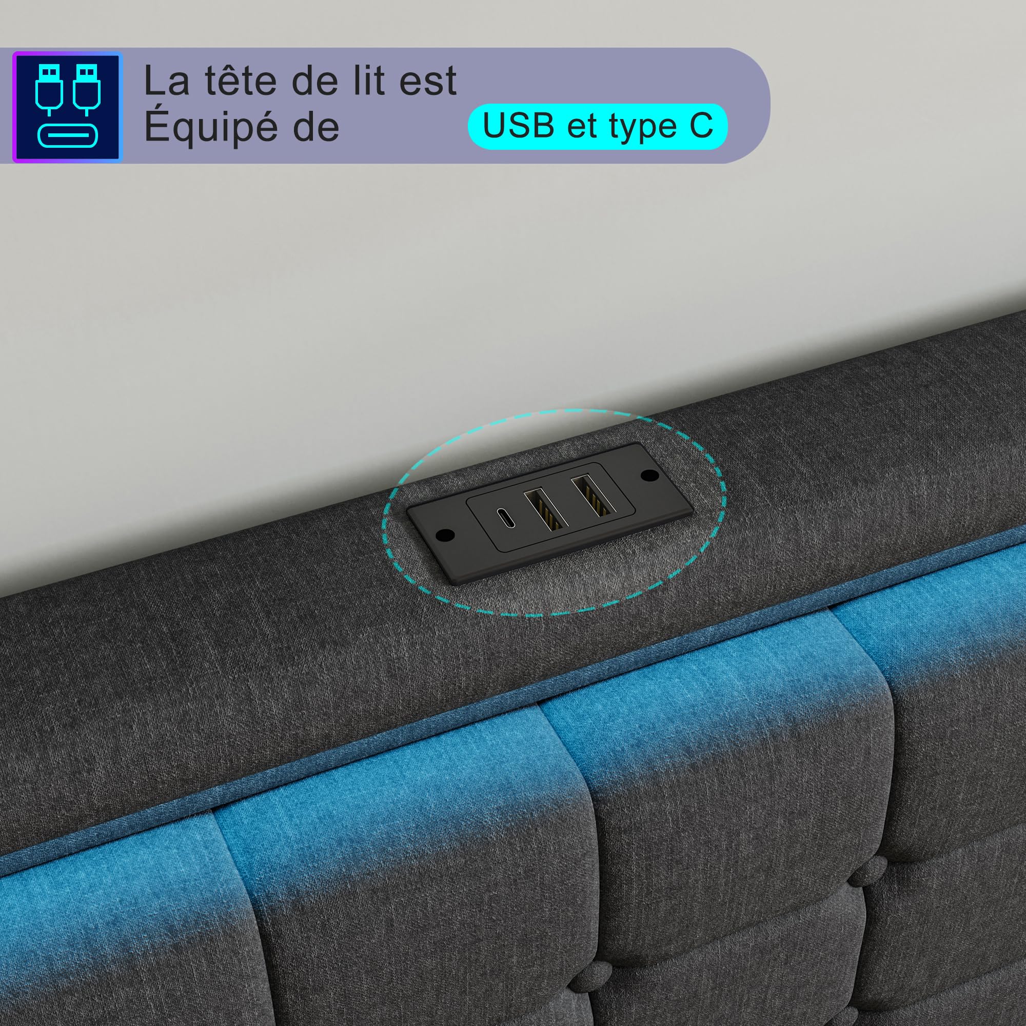 Podwójne łóżko 140 x 190 cm, łóżko tapicerowane z 4 szufladami do przechowywania, pikowana rama łóżka z oświetleniem LED i portami USB, lniany zagłówek, łóżko 2-osobowe, drewniany stelaż listwowy, bez