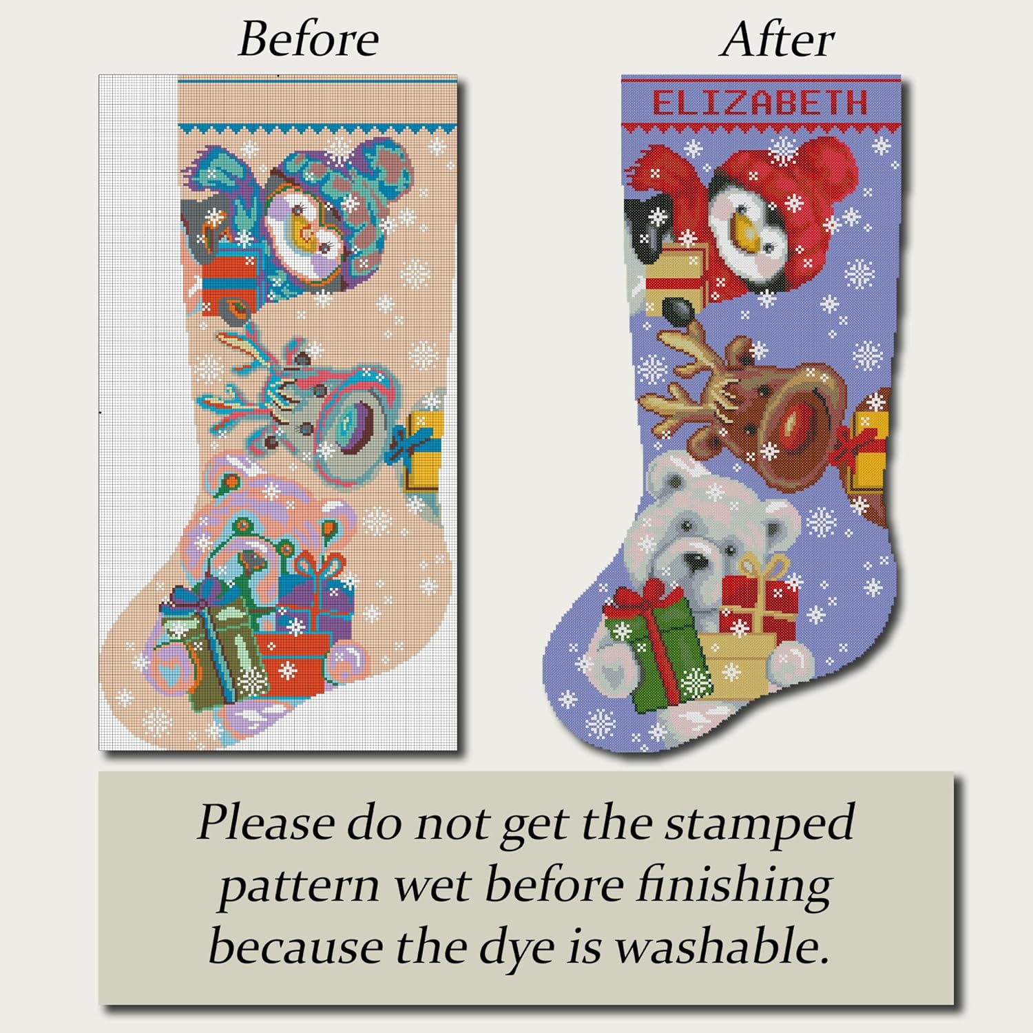 Stamped Cross Stitch Kit for Adults – Personalized Christmas Stocking with Penguin, Reindeer & Polar Bear – Counted Embroidery Pattern for Beginners – DIY Holiday Decoration