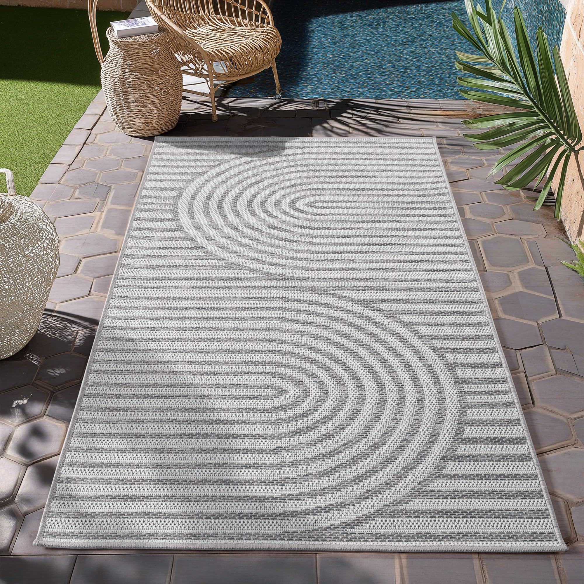 HomebyHome Outdoor Teppich Beige Wetterfest UV-beständig Pflegeleicht Skandinavisches Boho Design für Küche Balkon Terrasse Garten Wohnzimmer Esszimmer