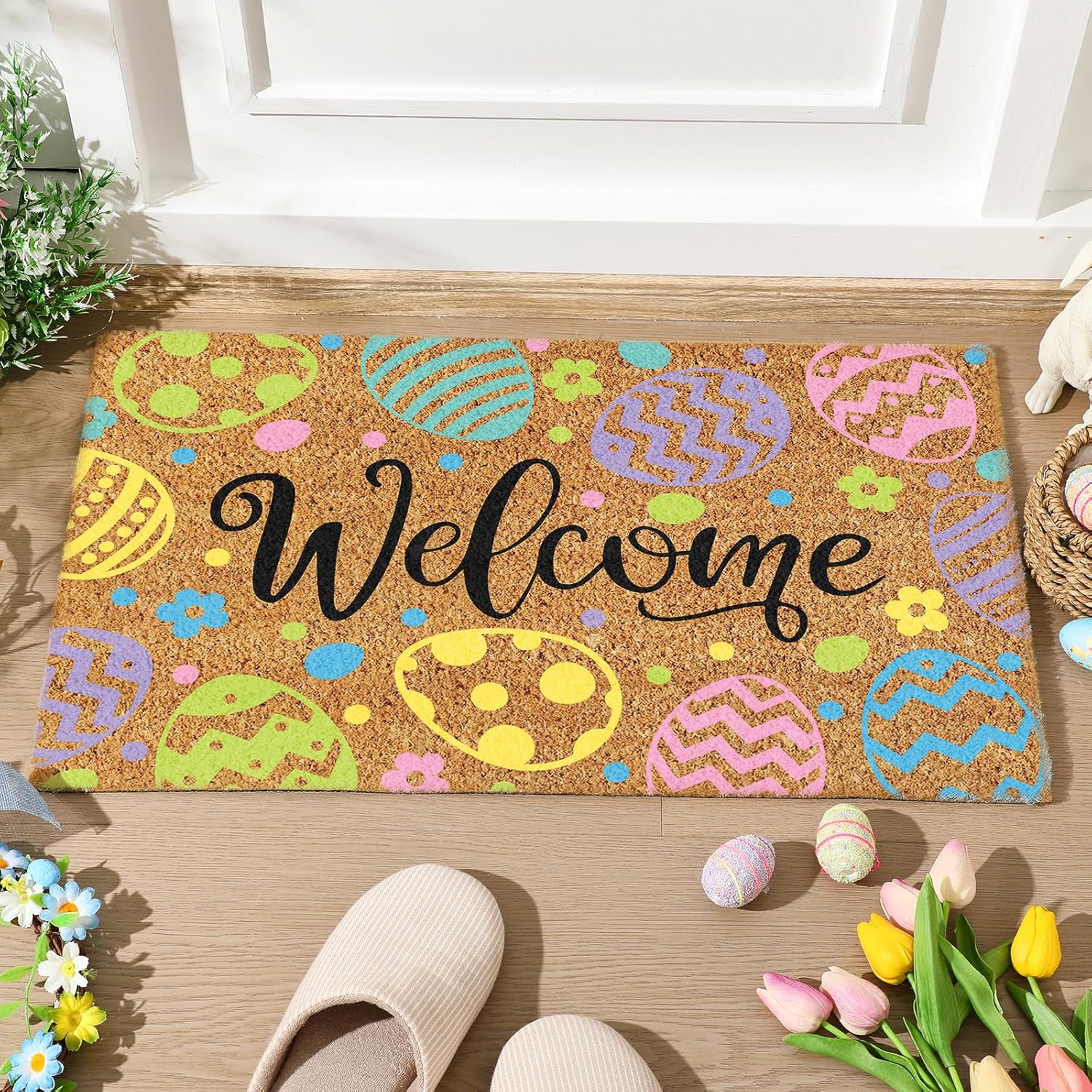 Ceenna Spring Easter Coir Doormat Outdoor Summer 4th of July Rugs Non Slip Tulip Flowers Bunny Welcome Doormats for Front Porch Outdoor Entryway,16 x 28 Inches(Egg)