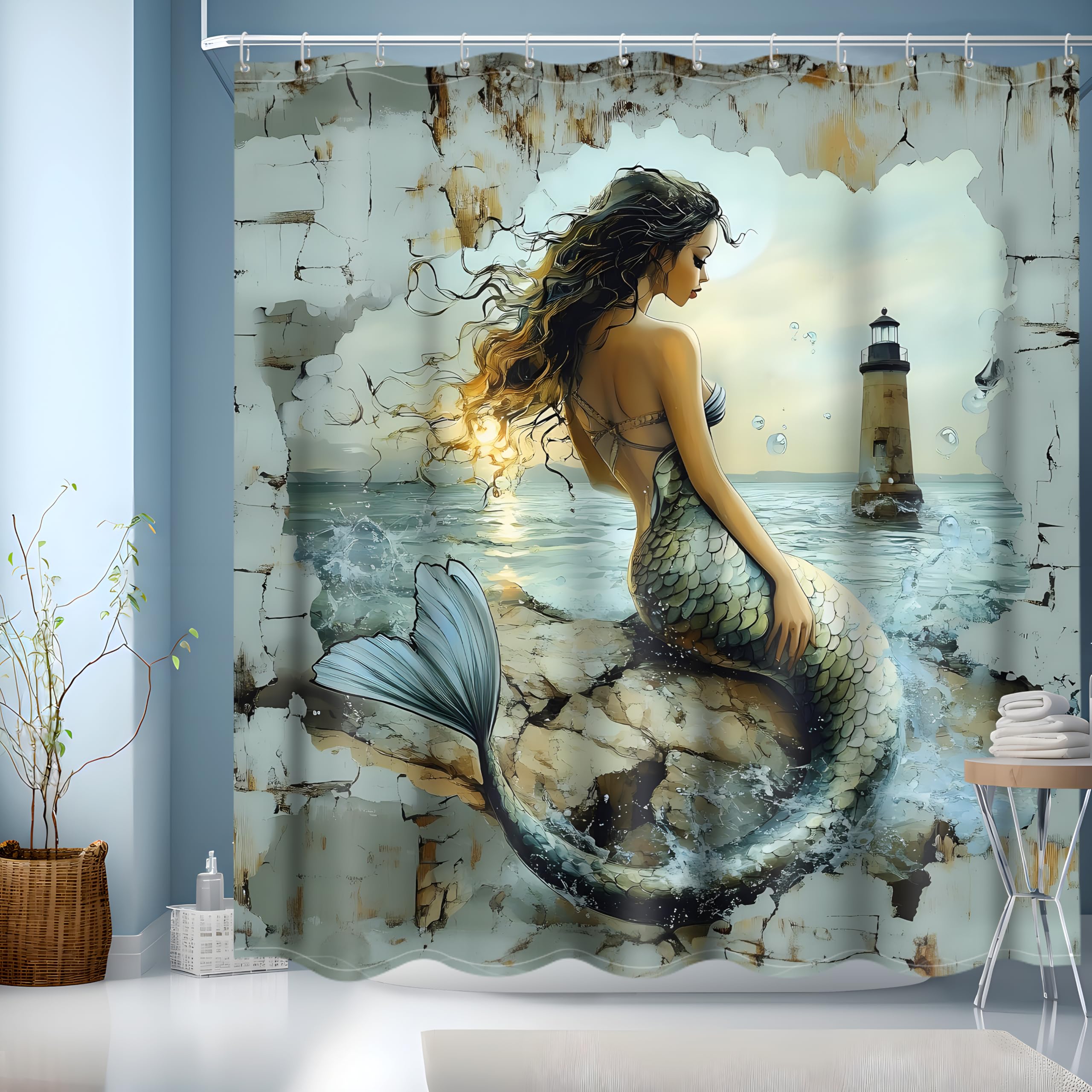 Cortina Ducha 180x200 cm,Cortina de Ducha Originales,Cortinas de Baño Modernas con 12 x Ganchos,Cortina Bañera con Dobladillo Ponderado,Sirena