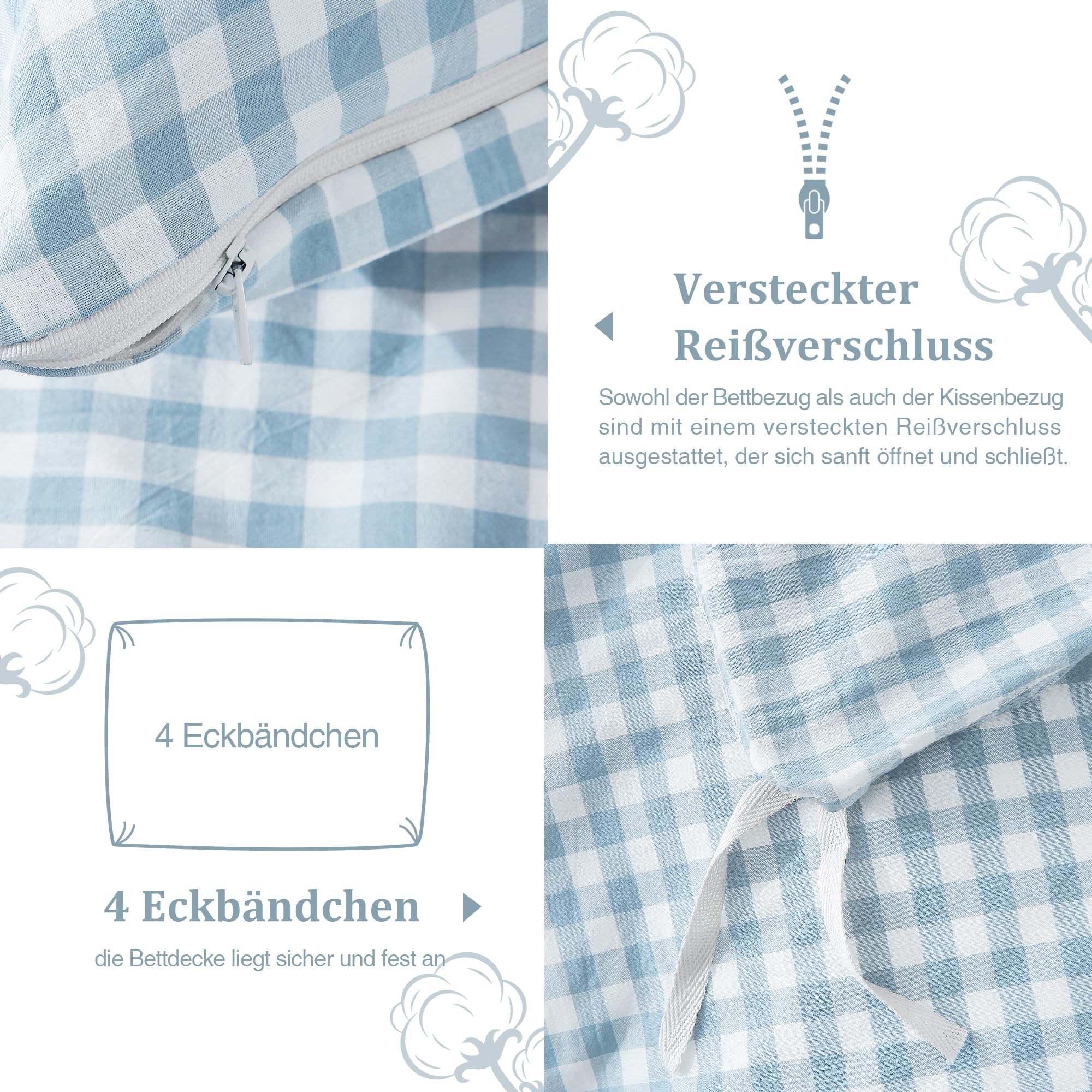 TOCOMOA Gingham Bettwäsche 135x200 Kariert 100% Gewaschene Baumwolle Set | Weich, reißbeständig,Leinenoptik und Atmungsaktiv Bettwaren mit Reißverschluss, 1 Bettbezug und 1 Kissenbezug 80x80 cm