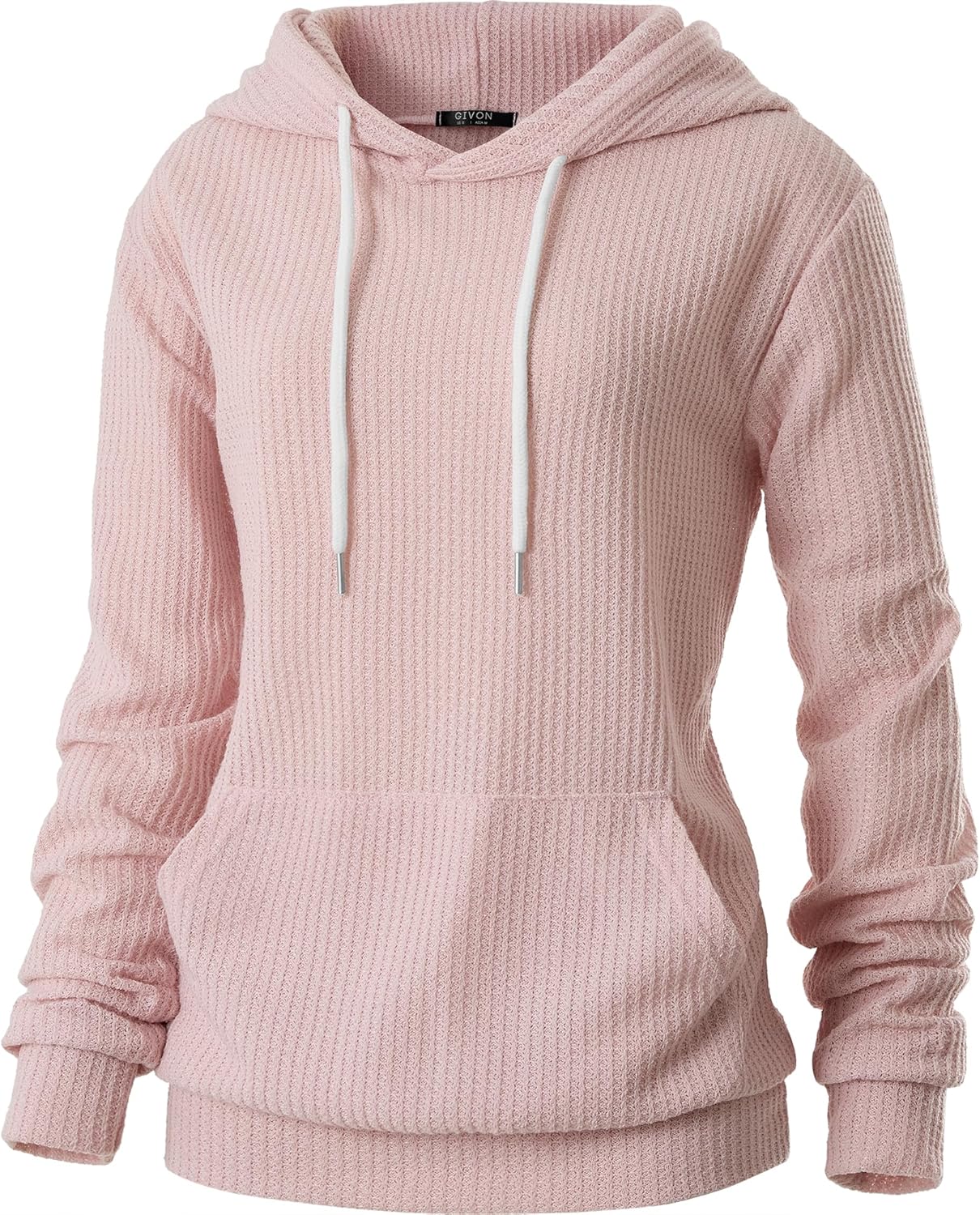 GIVON Women's Waffle Knit Pullover Hoodie Lightweight Long Sleeve Thin Casual Hooded Sweatshirt Comfort with Kanga Pocket